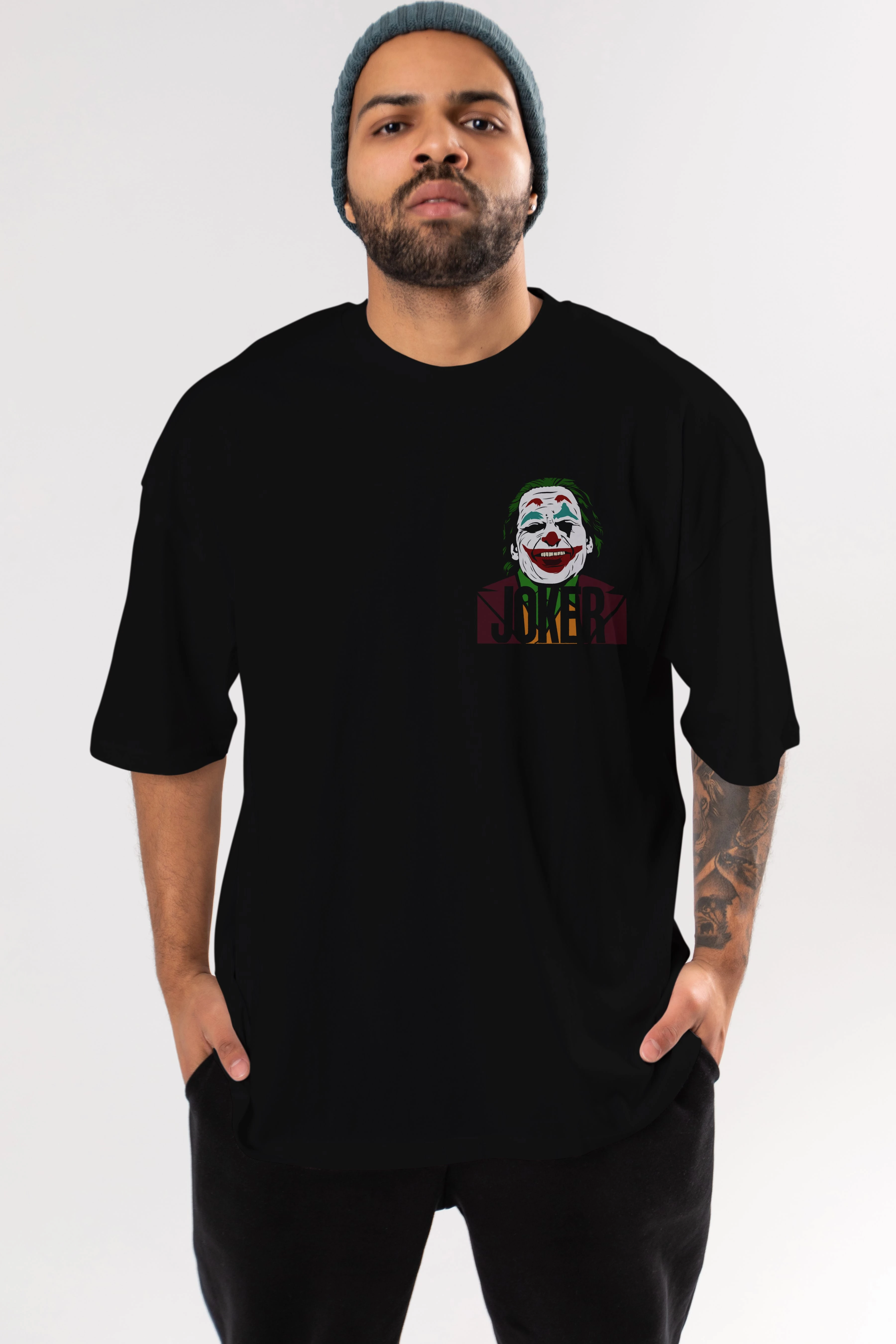 Joker (10) Ön Sol Baskılı Oversize t-shirt Erkek Kadın Unisex %100 Pamuk Bisiklet Yaka tişort