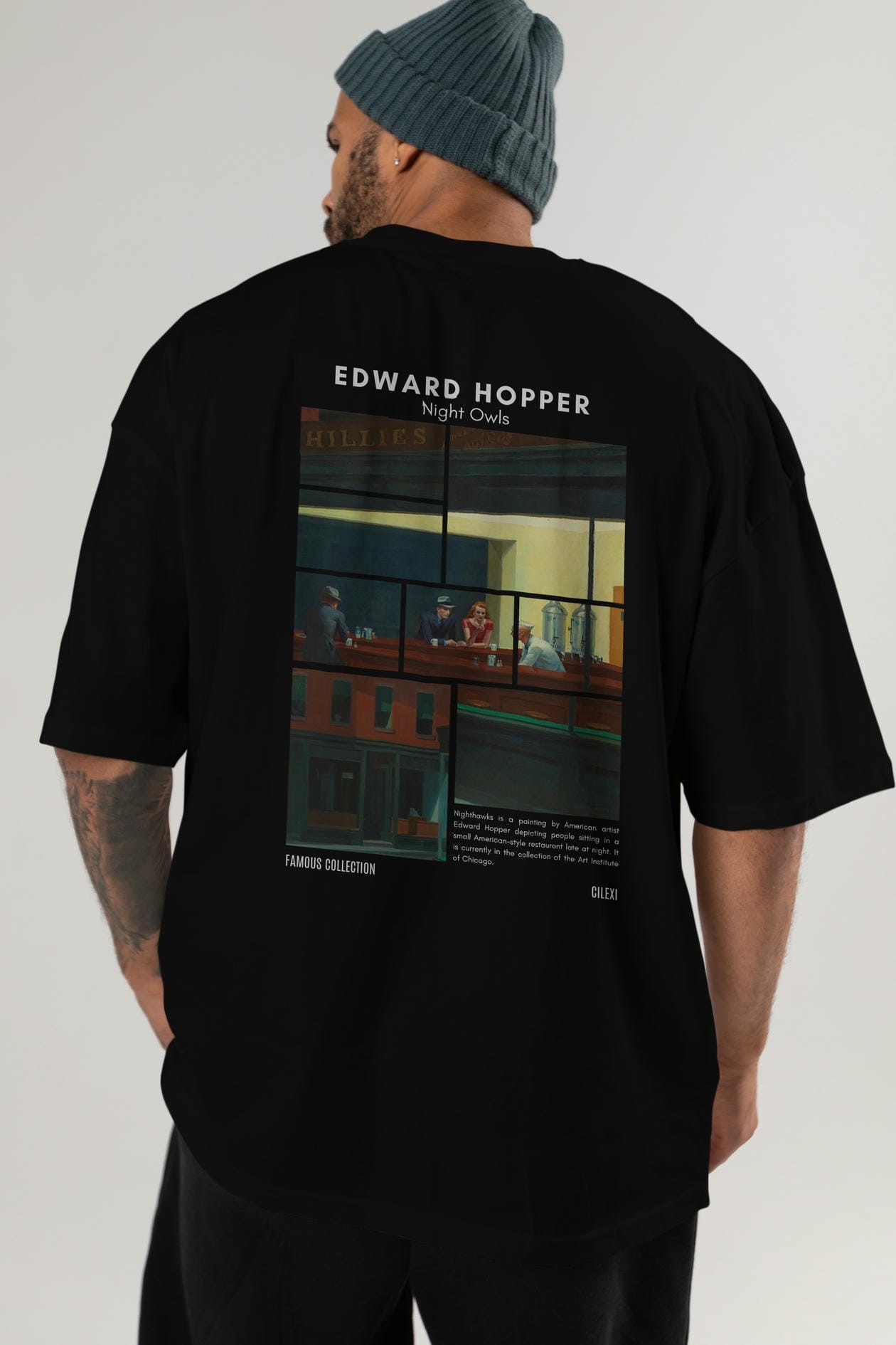 Edward Hopper Night Owls Arka Baskılı Oversize t-shirt Erkek Kadın Bisiklet Yaka Pamuk tişort