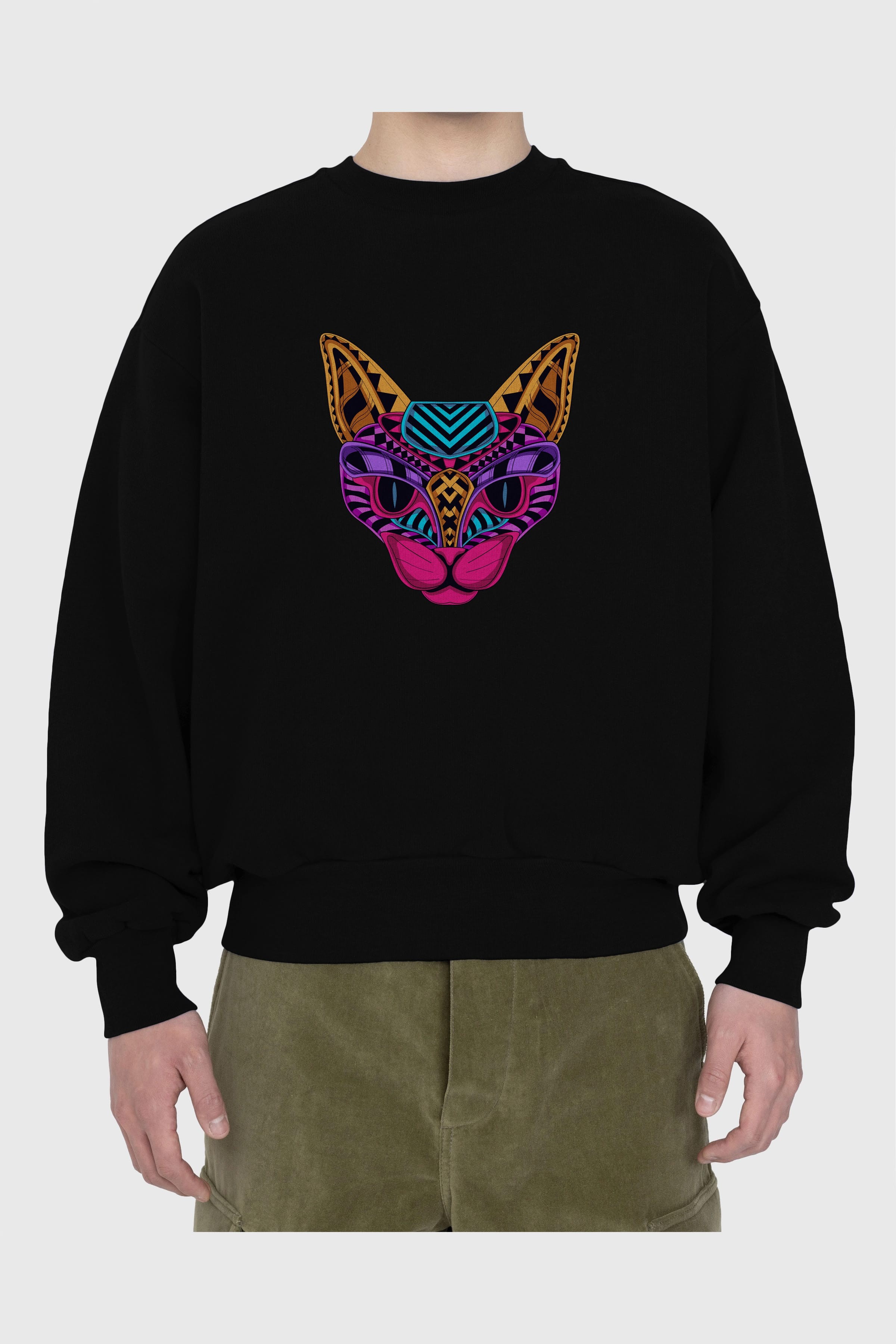 Black Neon Cat Ön Baskılı Oversize Sweatshirt Erkek Kadın Unisex