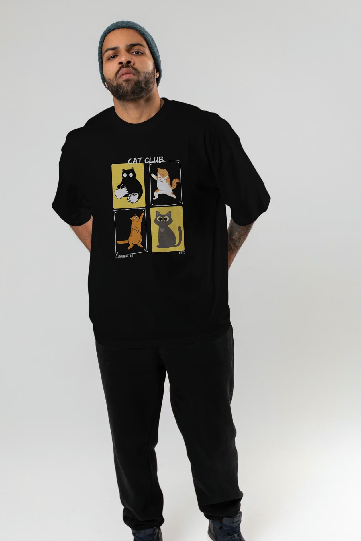 Cat Club ön Baskılı Oversize t-shirt Erkek Kadın %100 Pamuk Bisiklet Yaka tişort