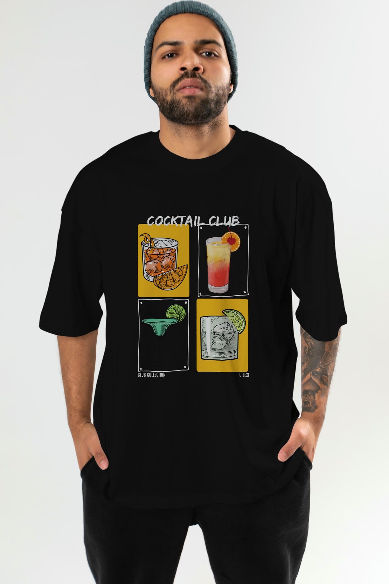 Cocktail Club ön Baskılı Oversize t-shirt Erkek Kadın %100 Pamuk Bisiklet Yaka tişort