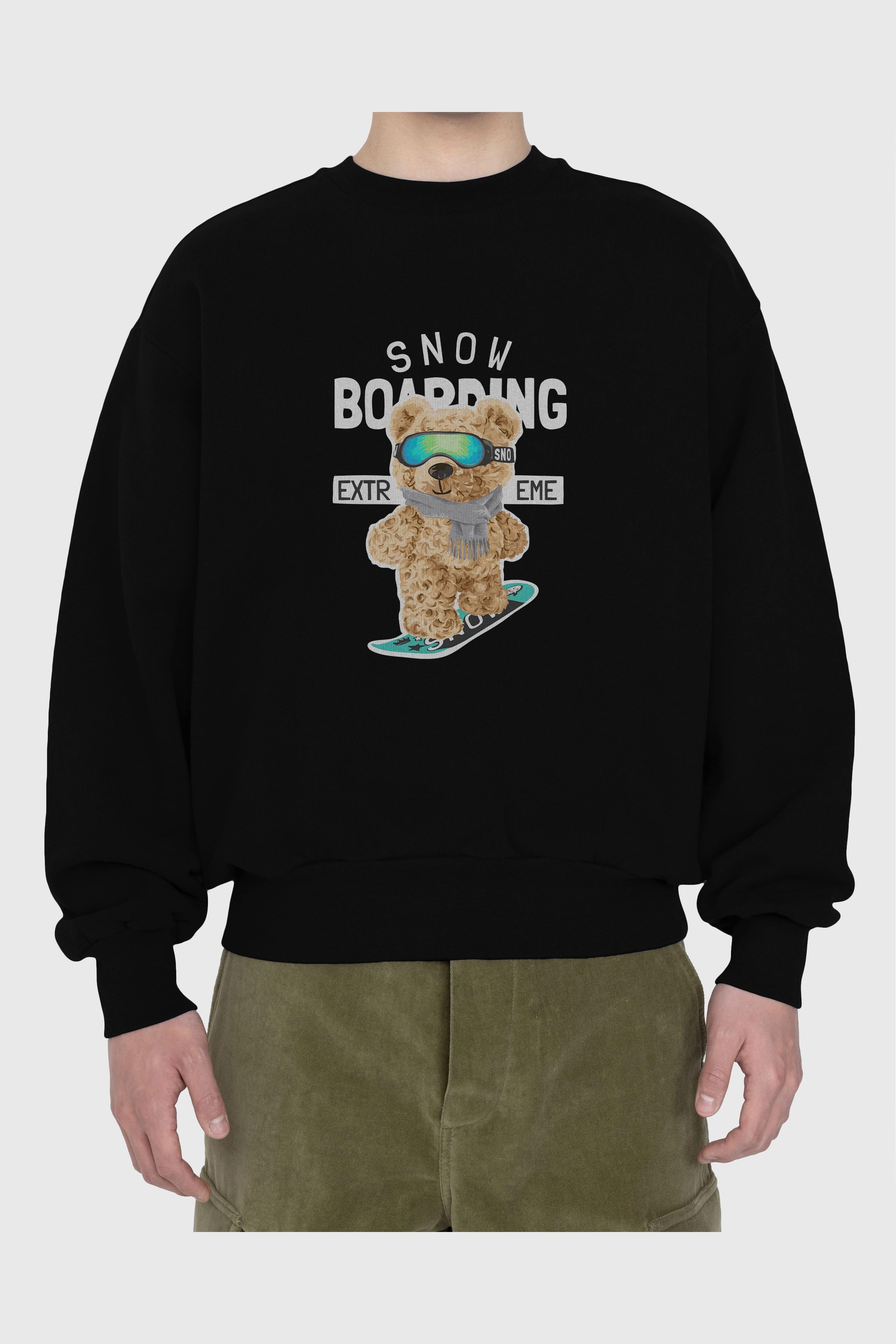 Teddy Bear Snow Boarding Ön Baskılı Oversize Sweatshirt Erkek Kadın Unisex