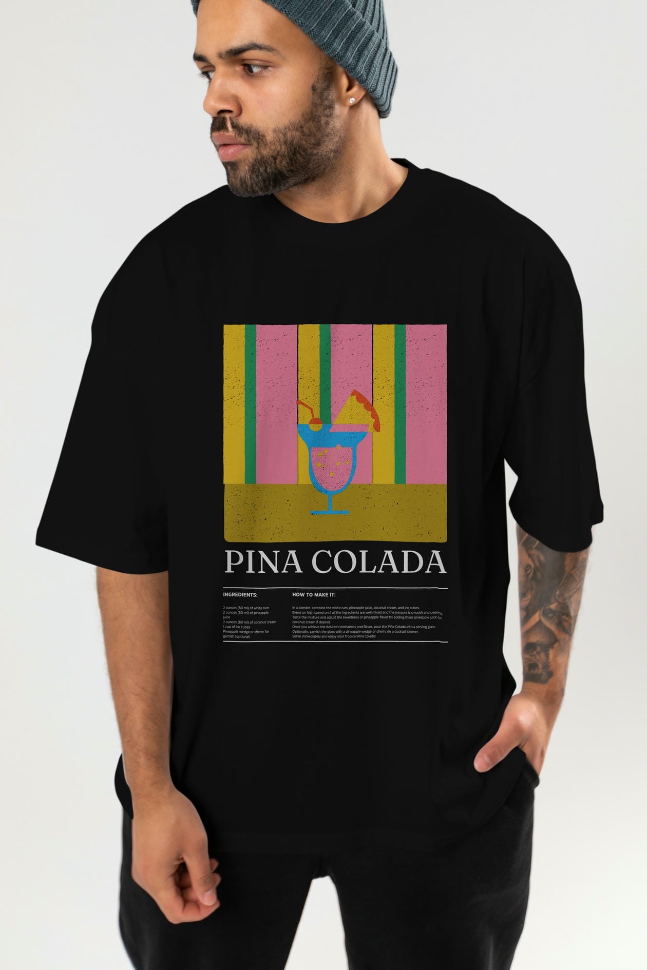 Pina Colada Kokteyl Ön Baskılı Oversize t-shirt Erkek Kadın %100 Pamuk Bisiklet Yaka tişort