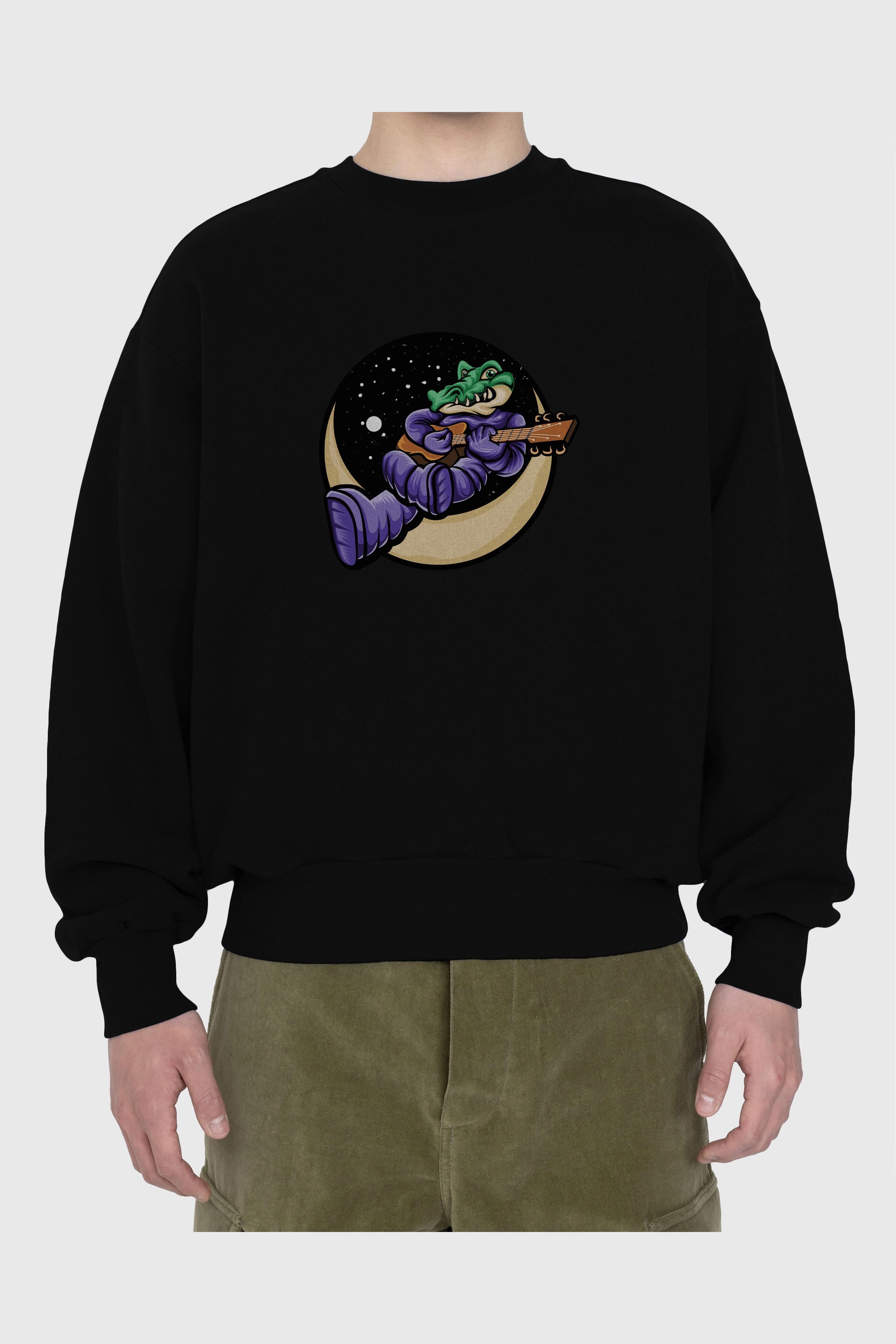 Space Crocodile Ön Baskılı Oversize Sweatshirt Erkek Kadın Unisex