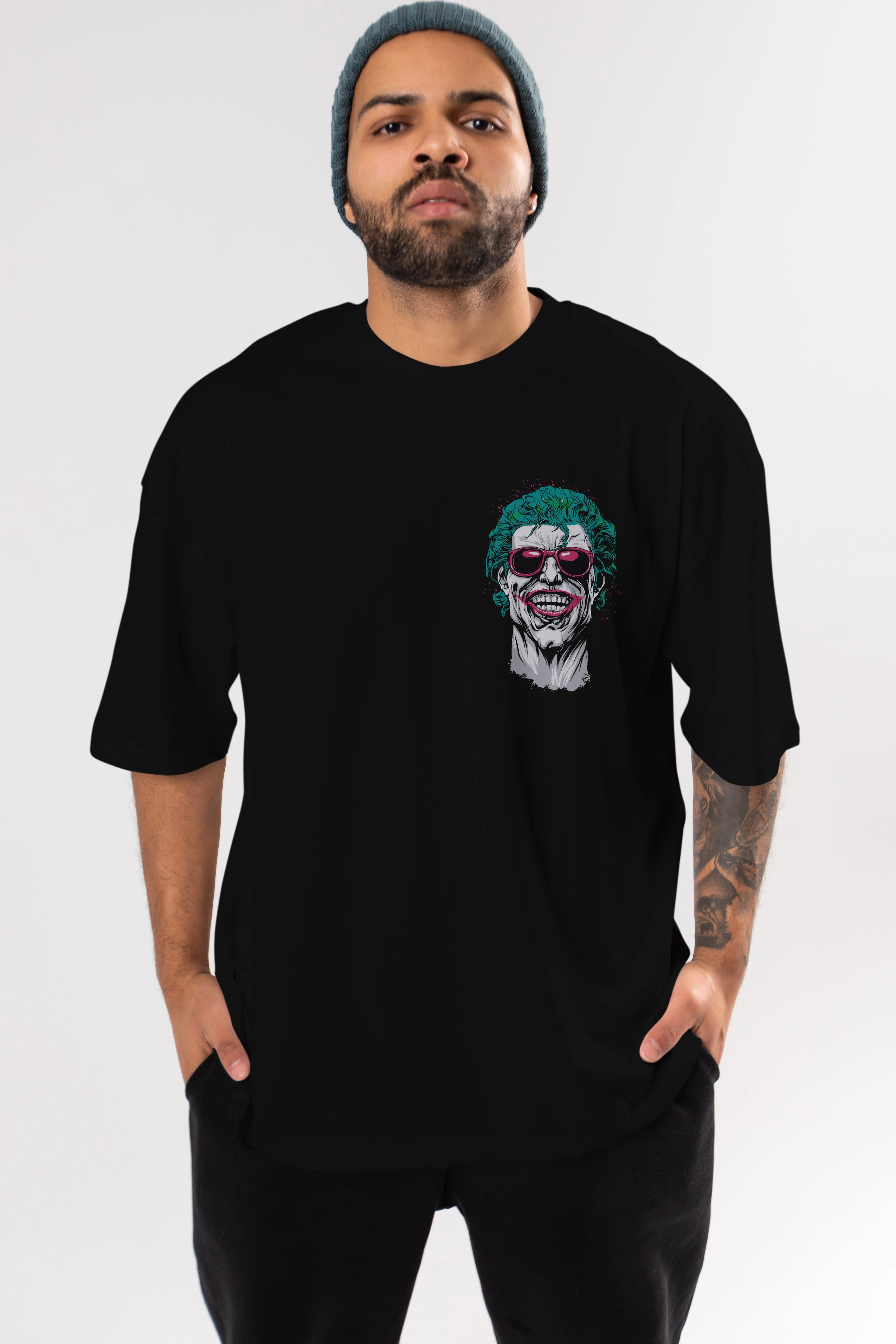 Joker 1 Ön Sol Baskılı Oversize t-shirt Erkek Kadın Unisex %100 Pamuk Bisiklet Yaka tişort
