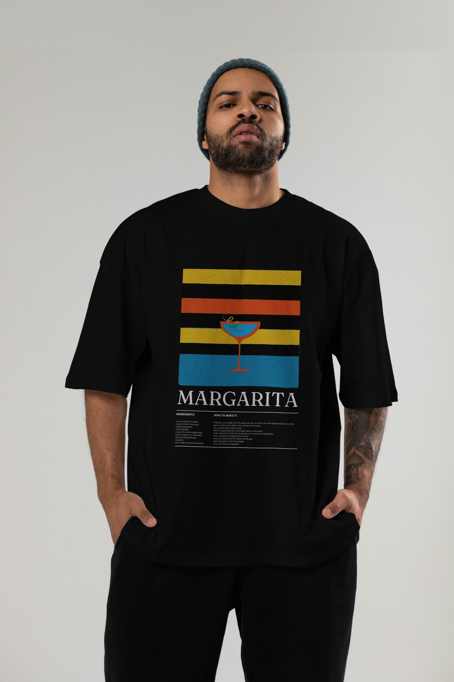Margarita Kokteyl Ön Baskılı Oversize t-shirt Erkek Kadın %100 Pamuk Bisiklet Yaka tişort