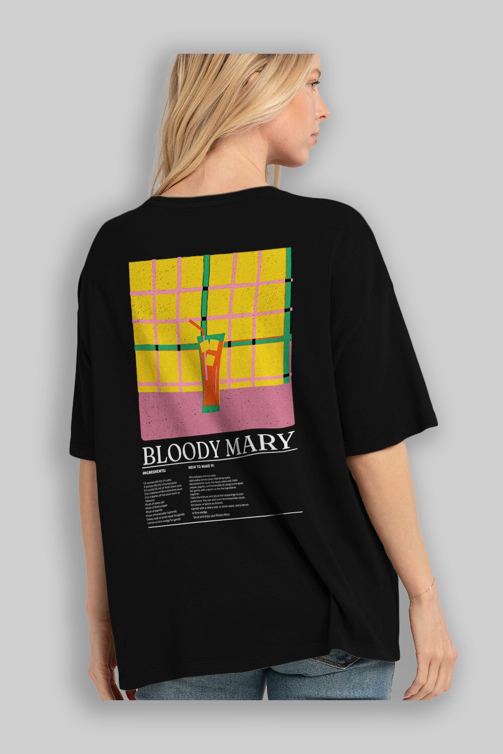 Bloody Mary Kokteyl Serisi Arka Baskılı Oversize t-shirt Erkek Kadın %100 Pamuk Bisiklet Yaka tişort