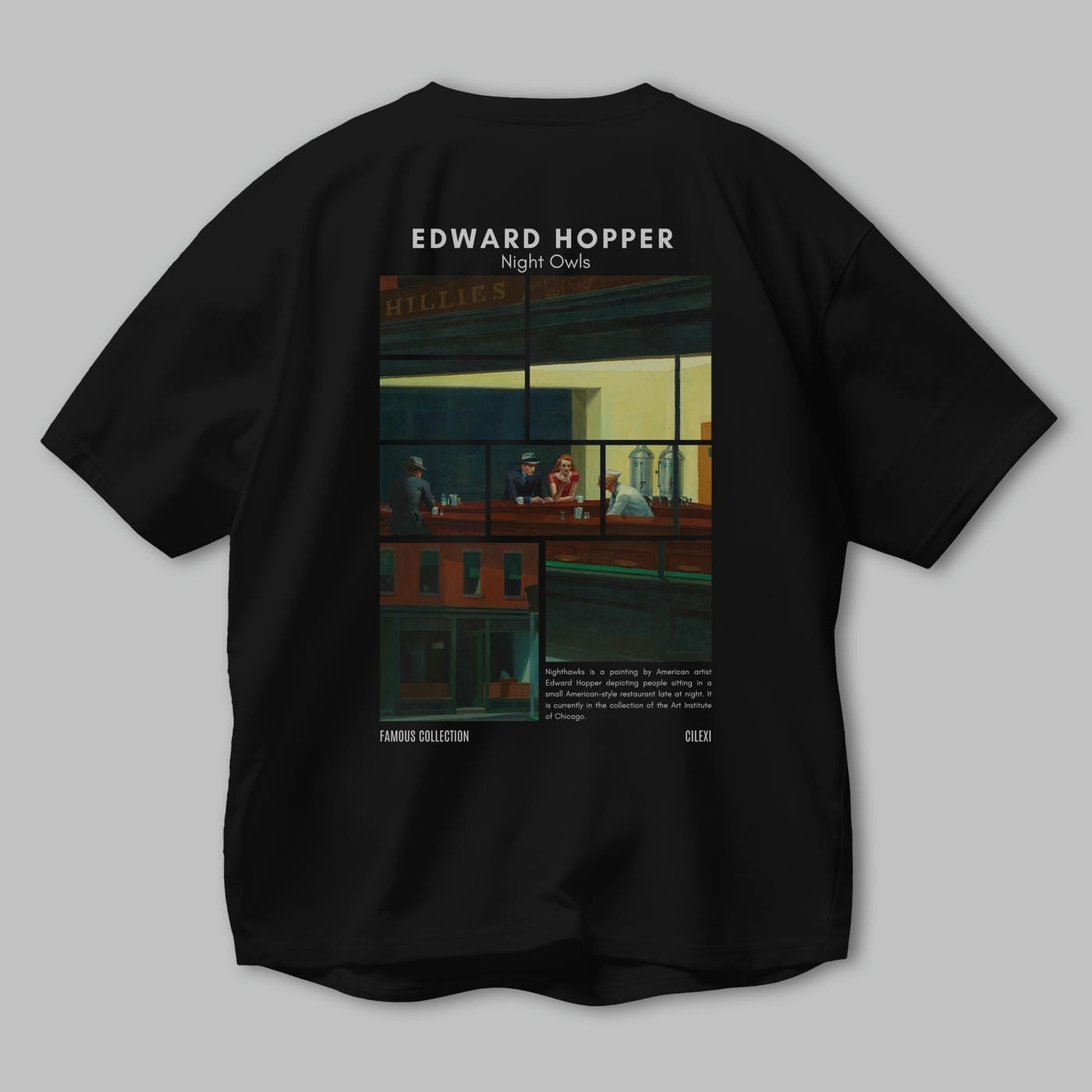 Edward Hopper Night Owls Arka Baskılı Oversize t-shirt Erkek Kadın Bisiklet Yaka Pamuk tişort