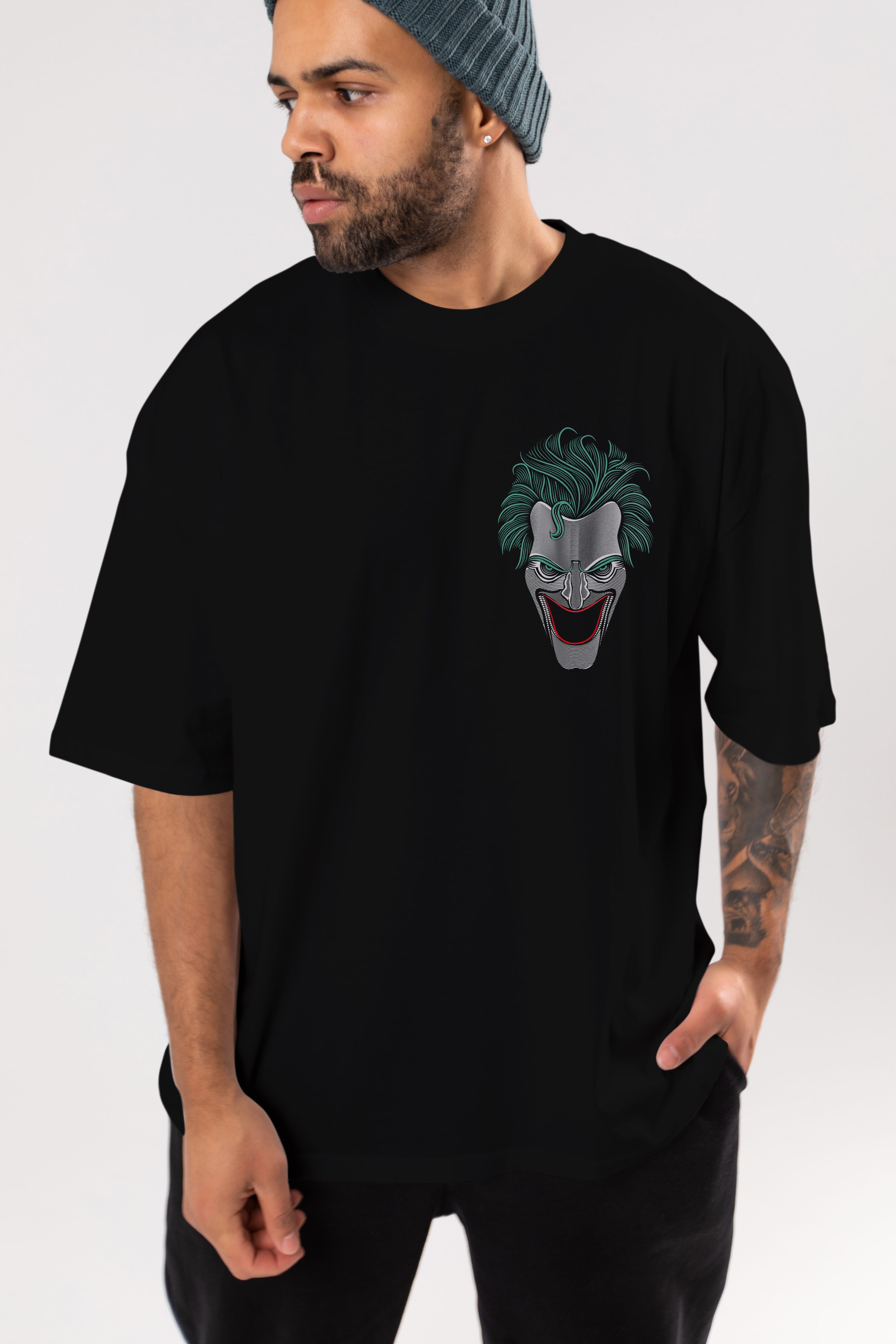 Joker (1) Ön Sol Baskılı Oversize t-shirt Erkek Kadın Unisex %100 Pamuk Bisiklet Yaka tişort