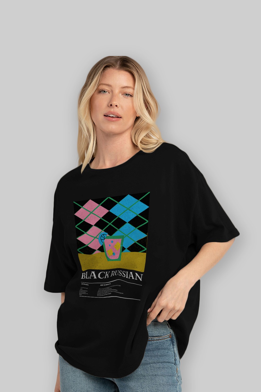 Black Russian Kokteyl Ön Baskılı Oversize t-shirt Erkek Kadın %100 Pamuk Bisiklet Yaka tişort