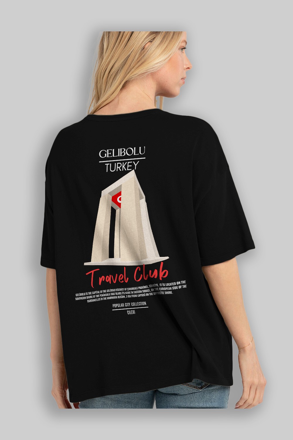 Gelibolu Turkey Arka Baskılı Oversize t-shirt Erkek Kadın Pamuk Bisiklet Yaka tişort