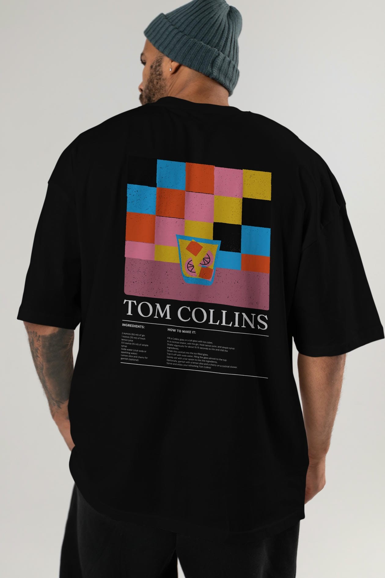 Tom Collins Kokteyl Serisi Arka Baskılı Oversize t-shirt Erkek Kadın %100 Pamuk Bisiklet Yaka tişort