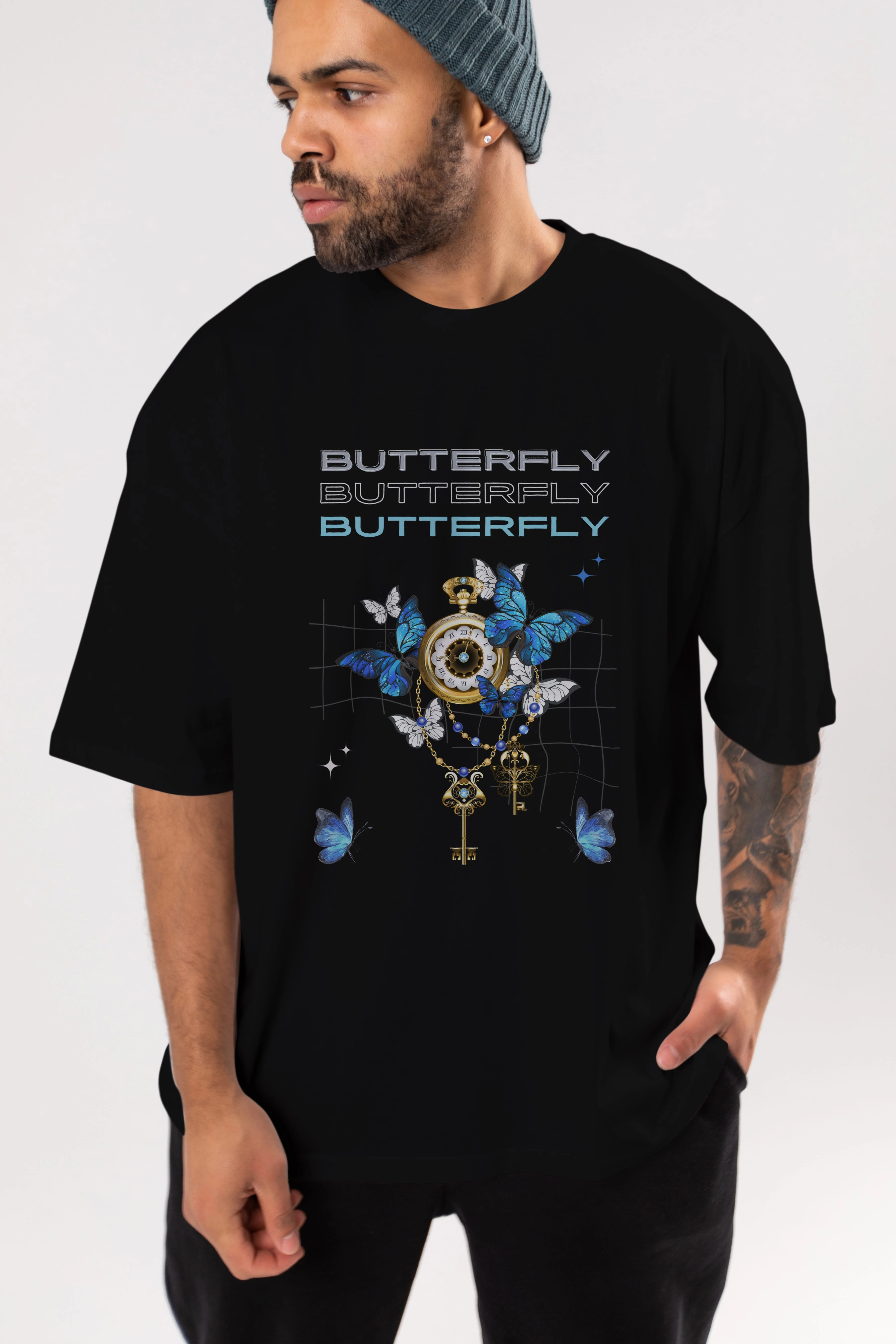 Butterfly Yazılı Ön Baskılı Oversize t-shirt Erkek Kadın Unisex