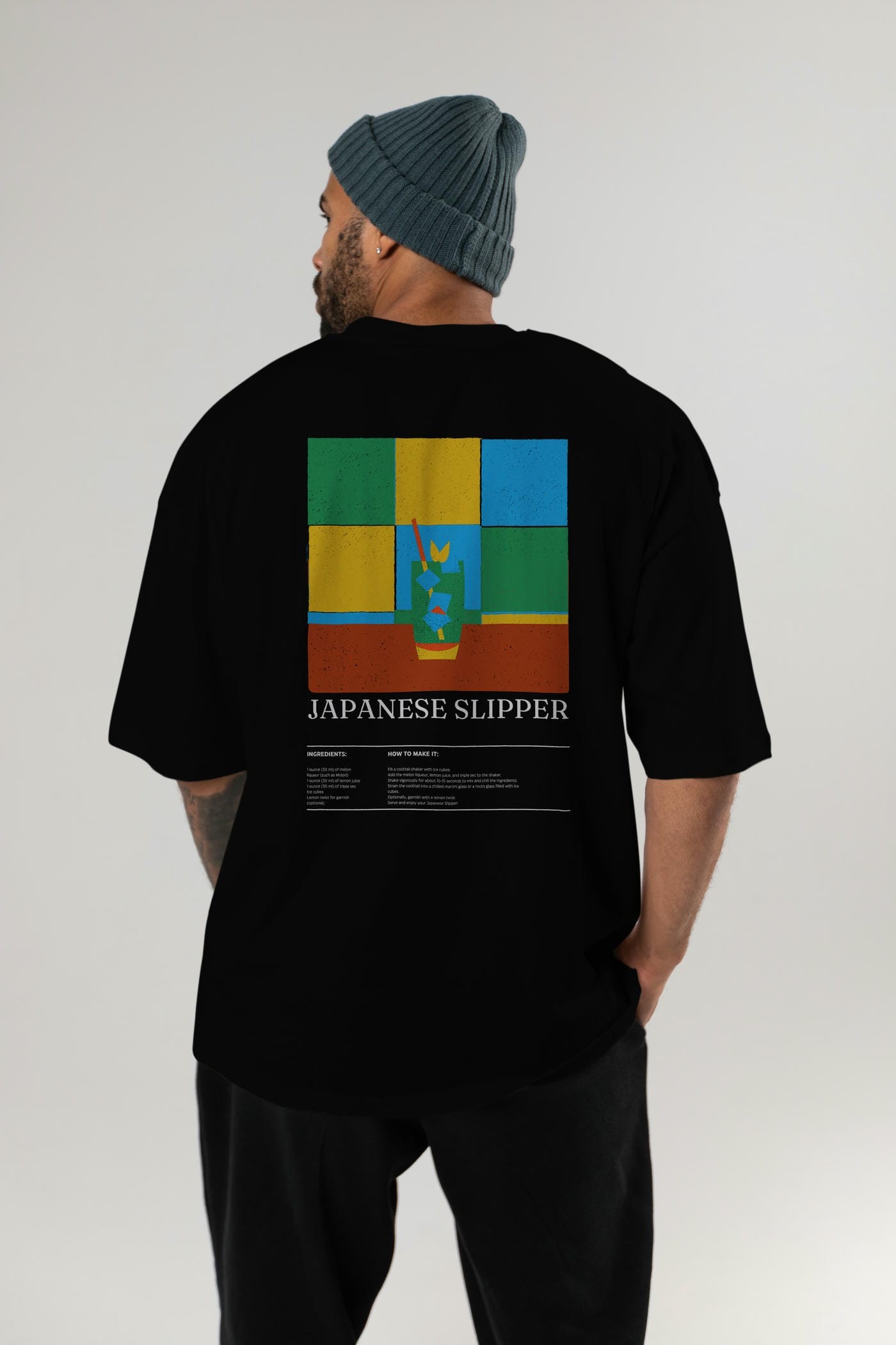 Japanese Slipper Kokteyl Serisi Arka Baskılı Oversize t-shirt Erkek Kadın %100 Pamuk Bisiklet Yaka tişort