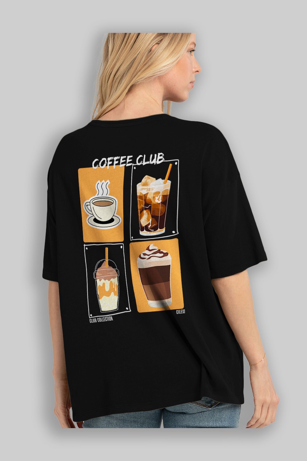 Coffee Club Arka Baskılı Oversize t-shirt Erkek Kadın %100 Pamuk Bisiklet Yaka tişort