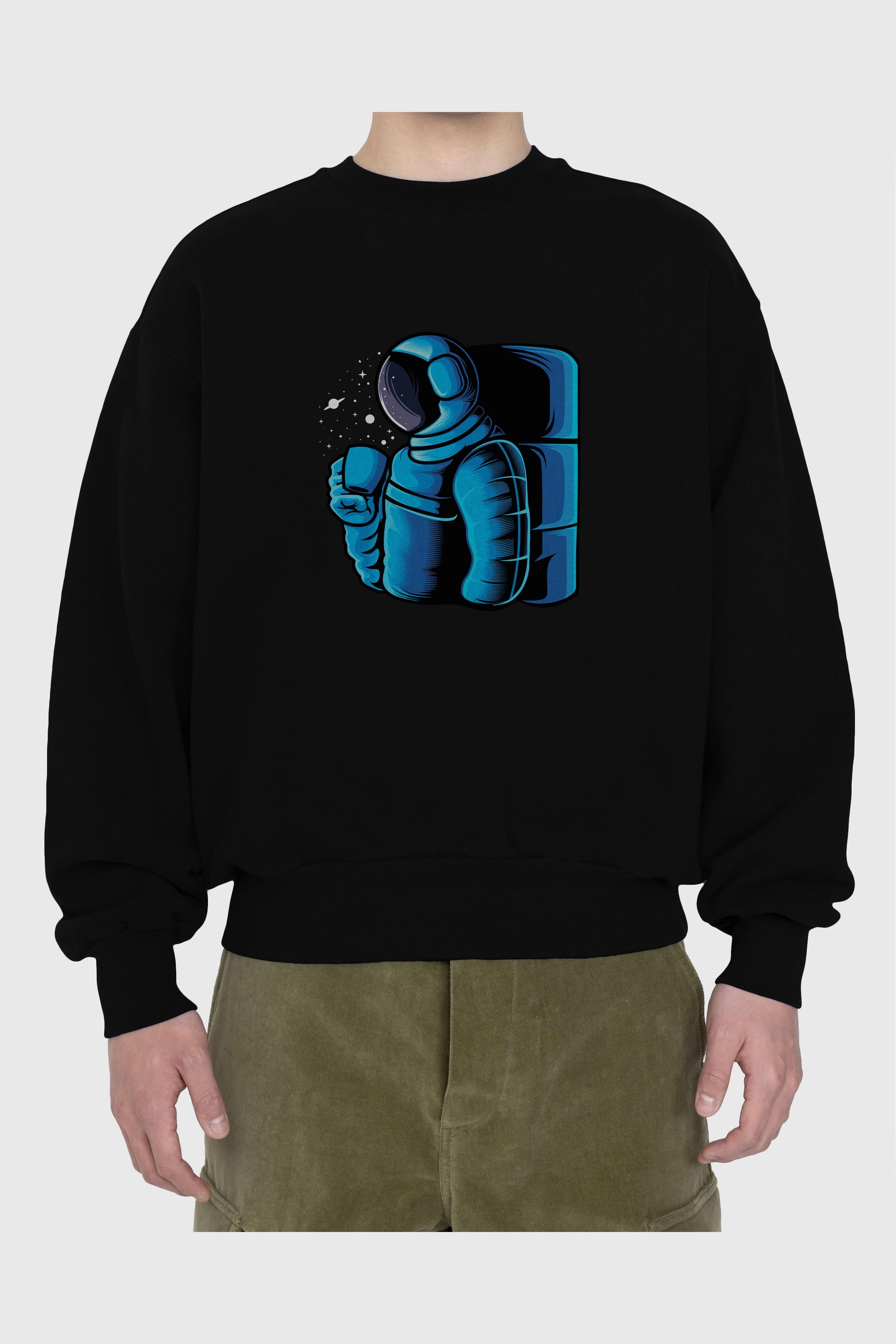 Drinking coffee in space Ön Baskılı Oversize Sweatshirt Erkek Kadın Unisex