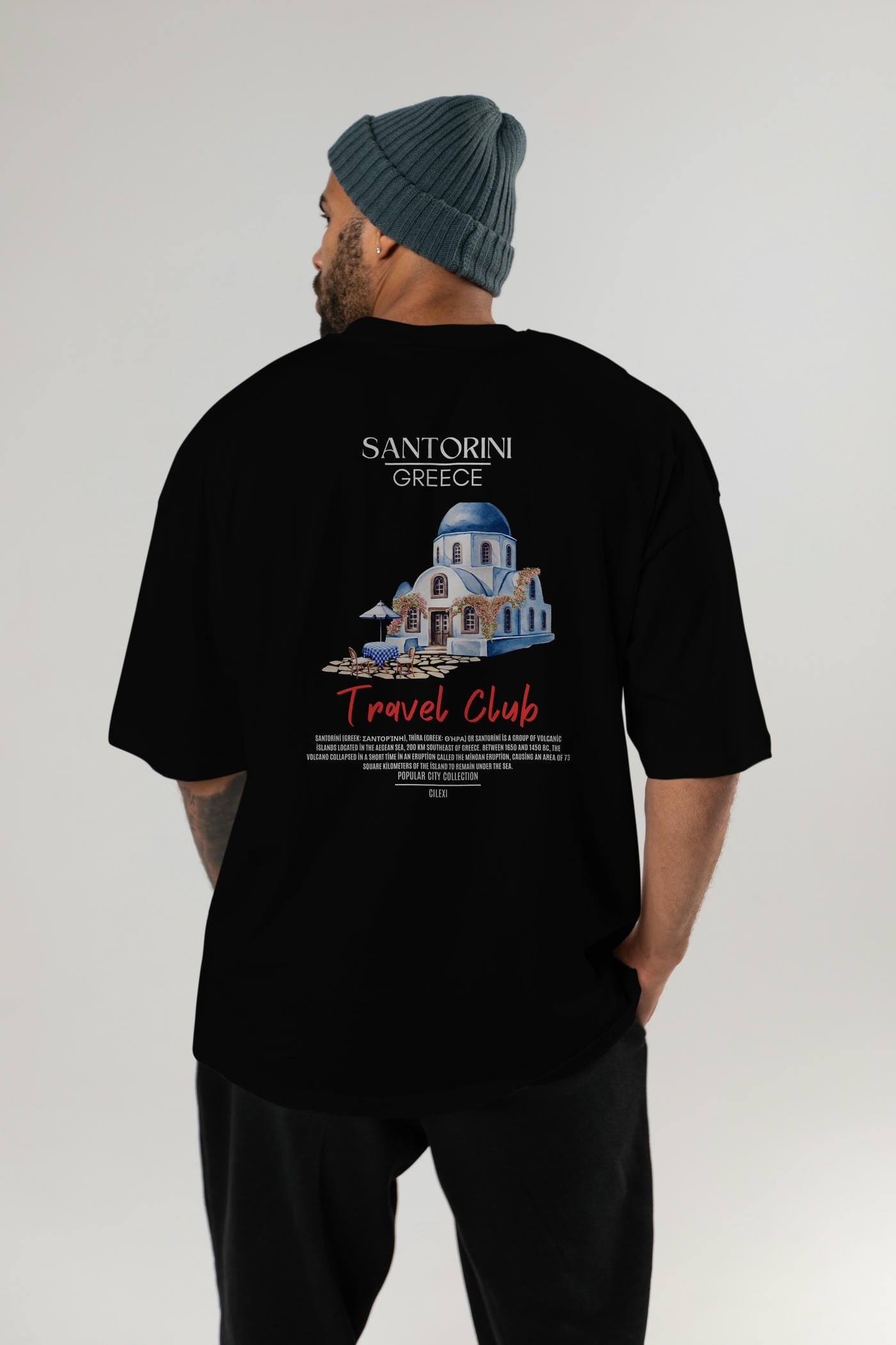 Santorini Greece Arka Baskılı Oversize t-shirt Erkek Kadın Pamuk Bisiklet Yaka tişort