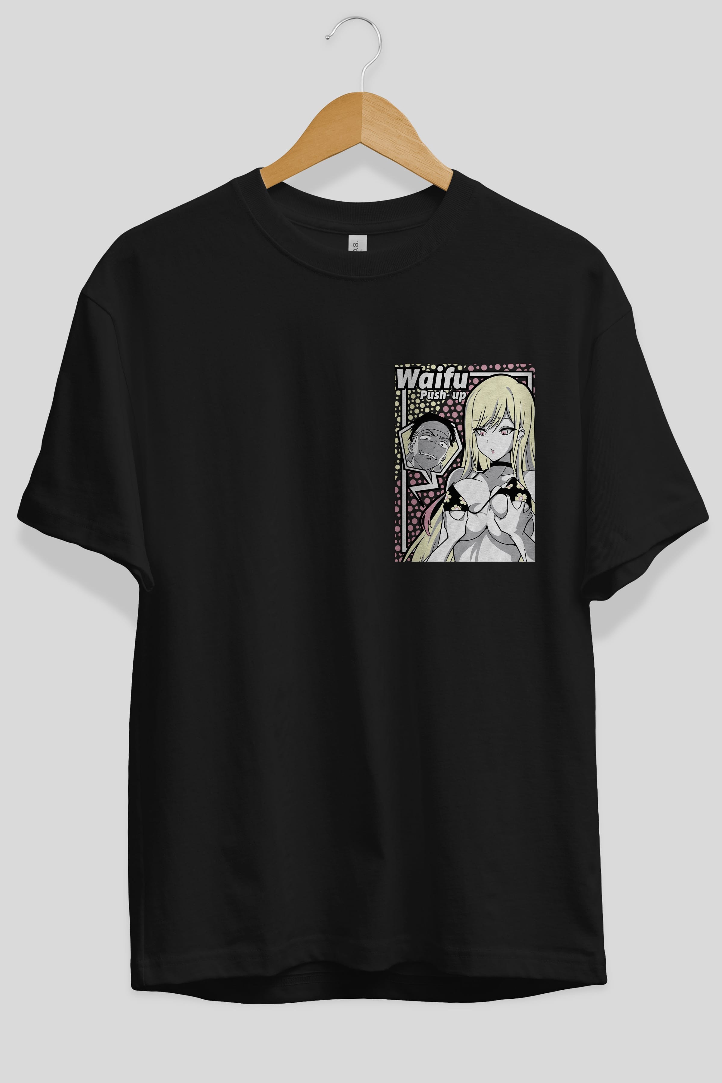 Waifu PushUp Ön Sol Baskılı Oversize t-shirt Erkek Kadın Unisex %100 Pamuk Bisiklet Yaka tişort