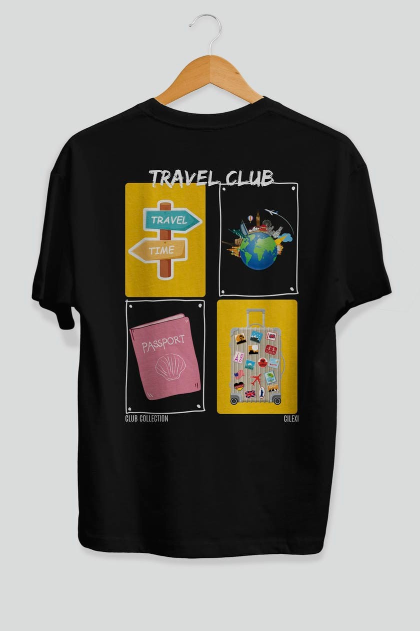 Travel Club Arka Baskılı Oversize t-shirt Erkek Kadın %100 Pamuk Bisiklet Yaka tişort