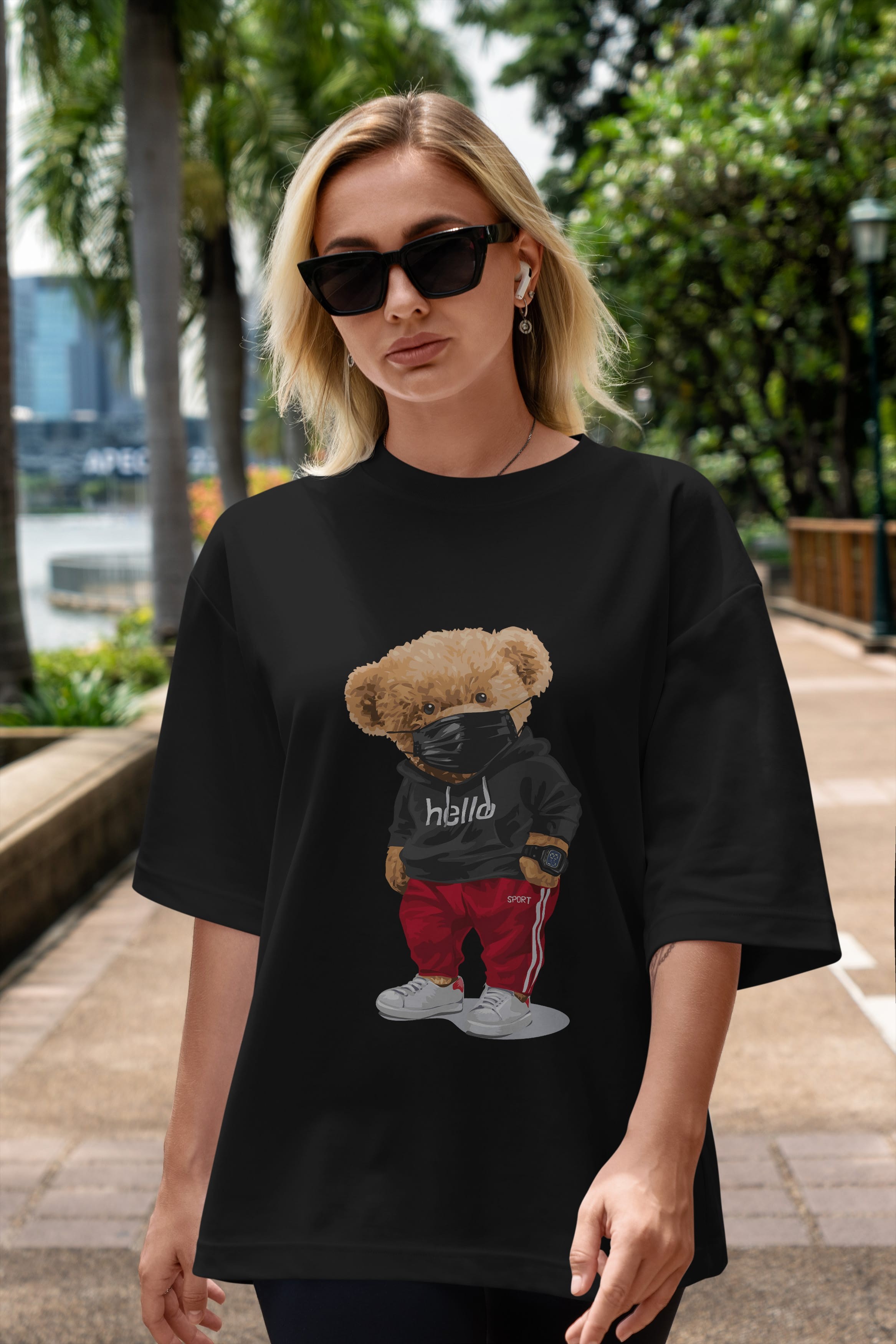 Teddy Bear Hello Sport Ön Baskılı Oversize t-shirt Erkek Kadın Unisex %100 Pamuk