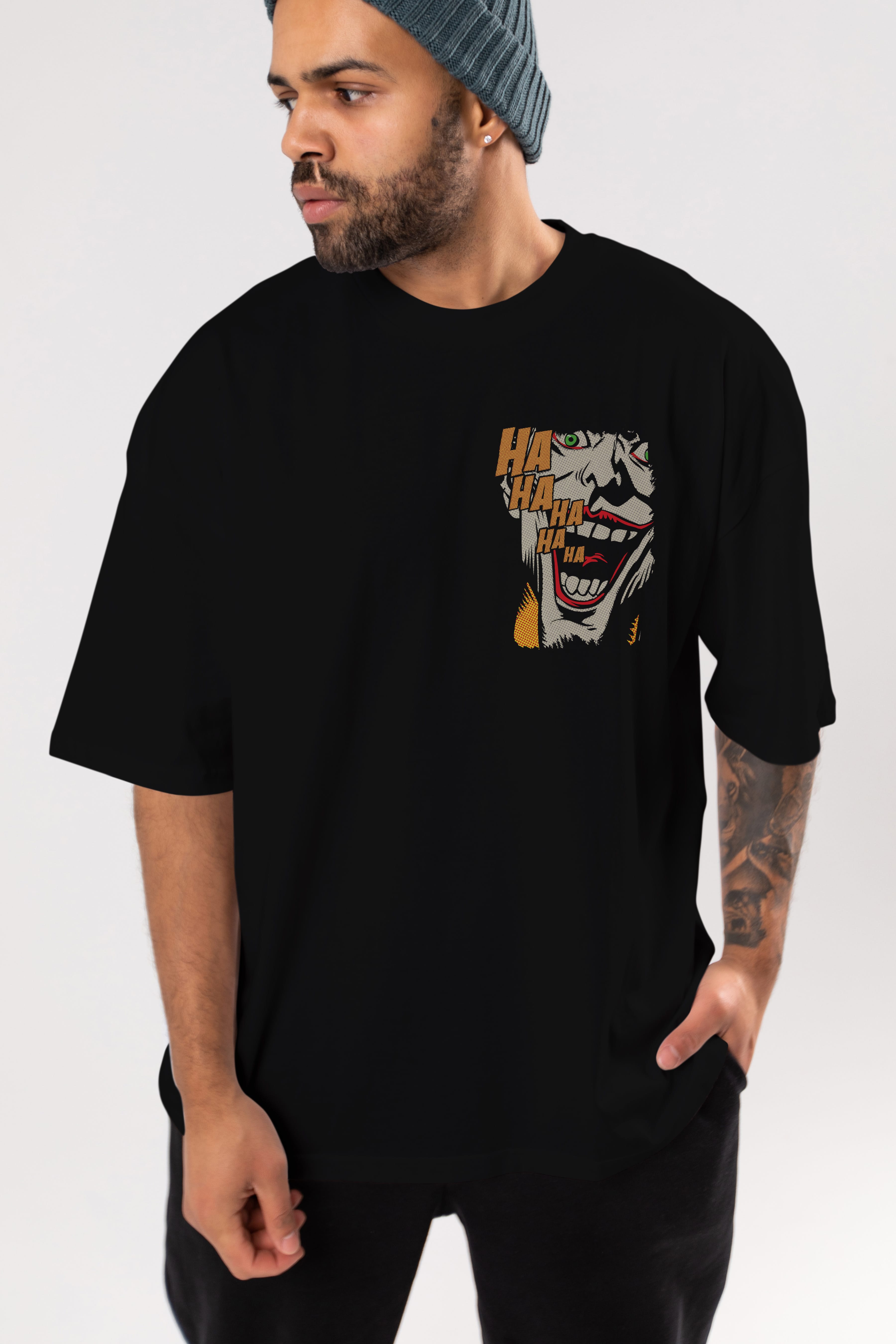 Joker (7) Ön Sol Baskılı Oversize t-shirt Erkek Kadın Unisex %100 Pamuk Bisiklet Yaka tişort