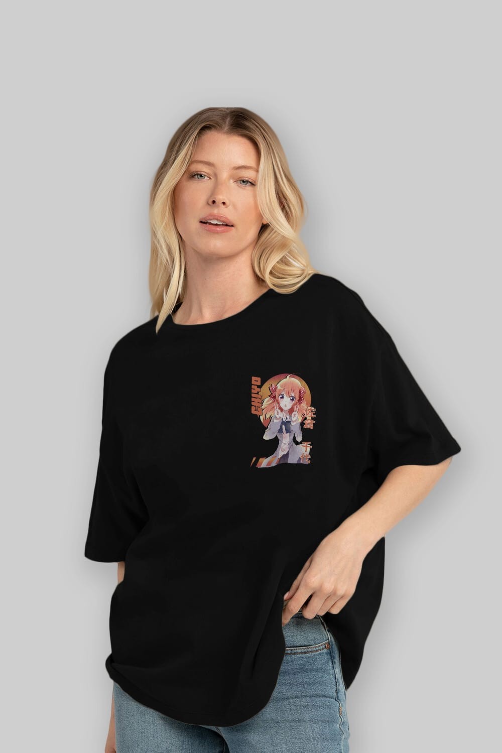 Chiyo Sakura 5 Ön Sol Baskılı Oversize t-shirt Erkek Kadın Unisex %100 Pamuk Bisiklet Yaka tişort