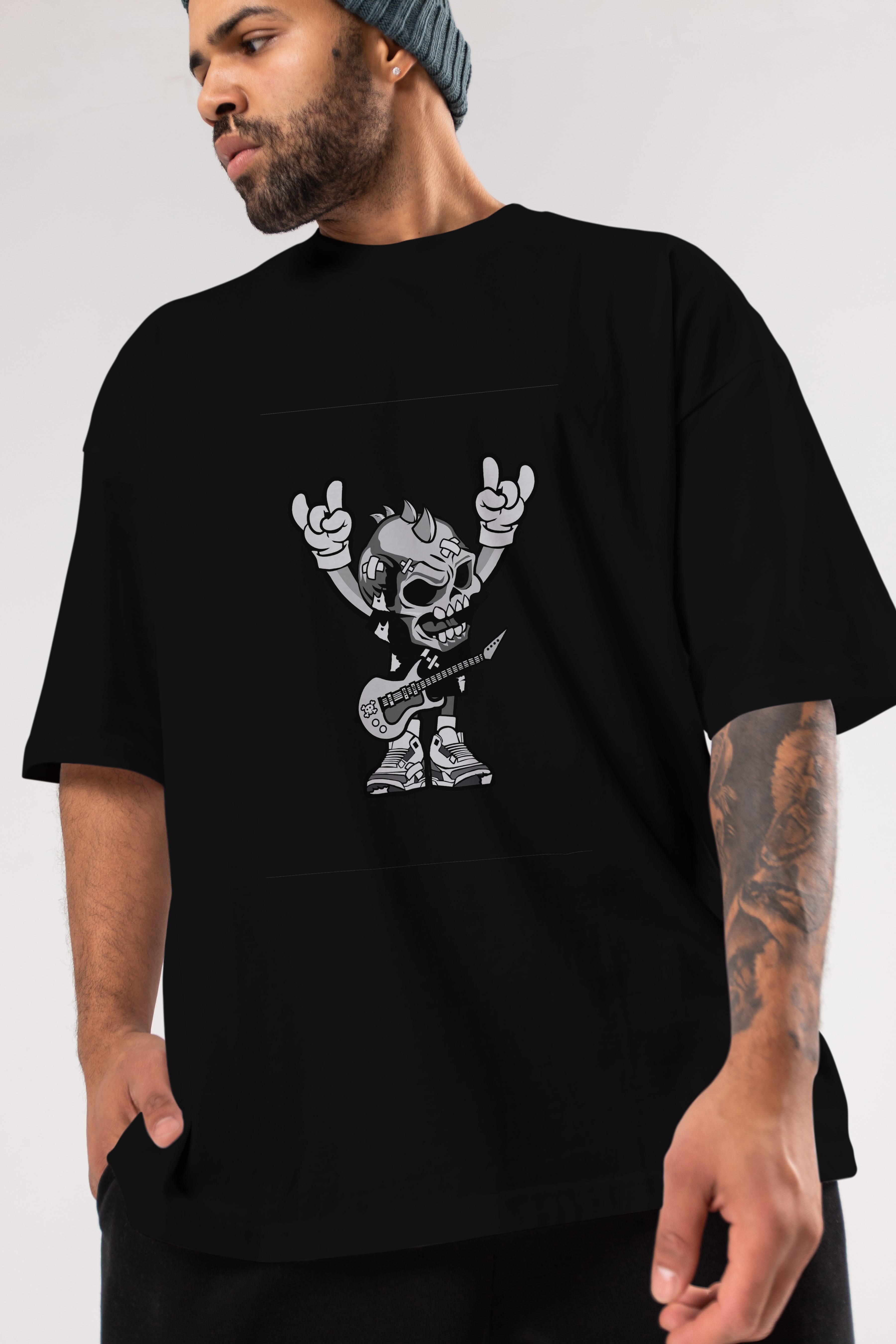 Punk Rock Skull Ön Baskılı Oversize t-shirt Erkek Kadın Unisex %100 Pamuk tişort