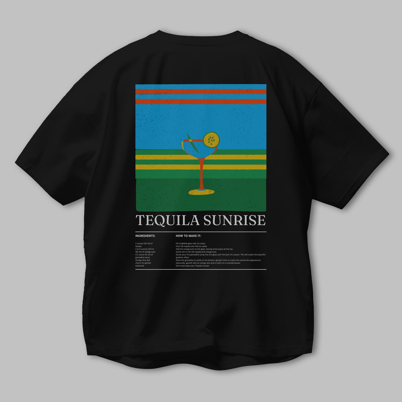 Tequila Sunrise Kokteyl Serisi Arka Baskılı Oversize t-shirt Erkek Kadın %100 Pamuk Bisiklet Yaka tişort