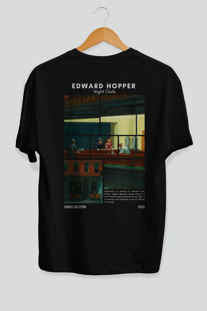 Edward Hopper Night Owls Arka Baskılı Oversize t-shirt Erkek Kadın Bisiklet Yaka Pamuk tişort