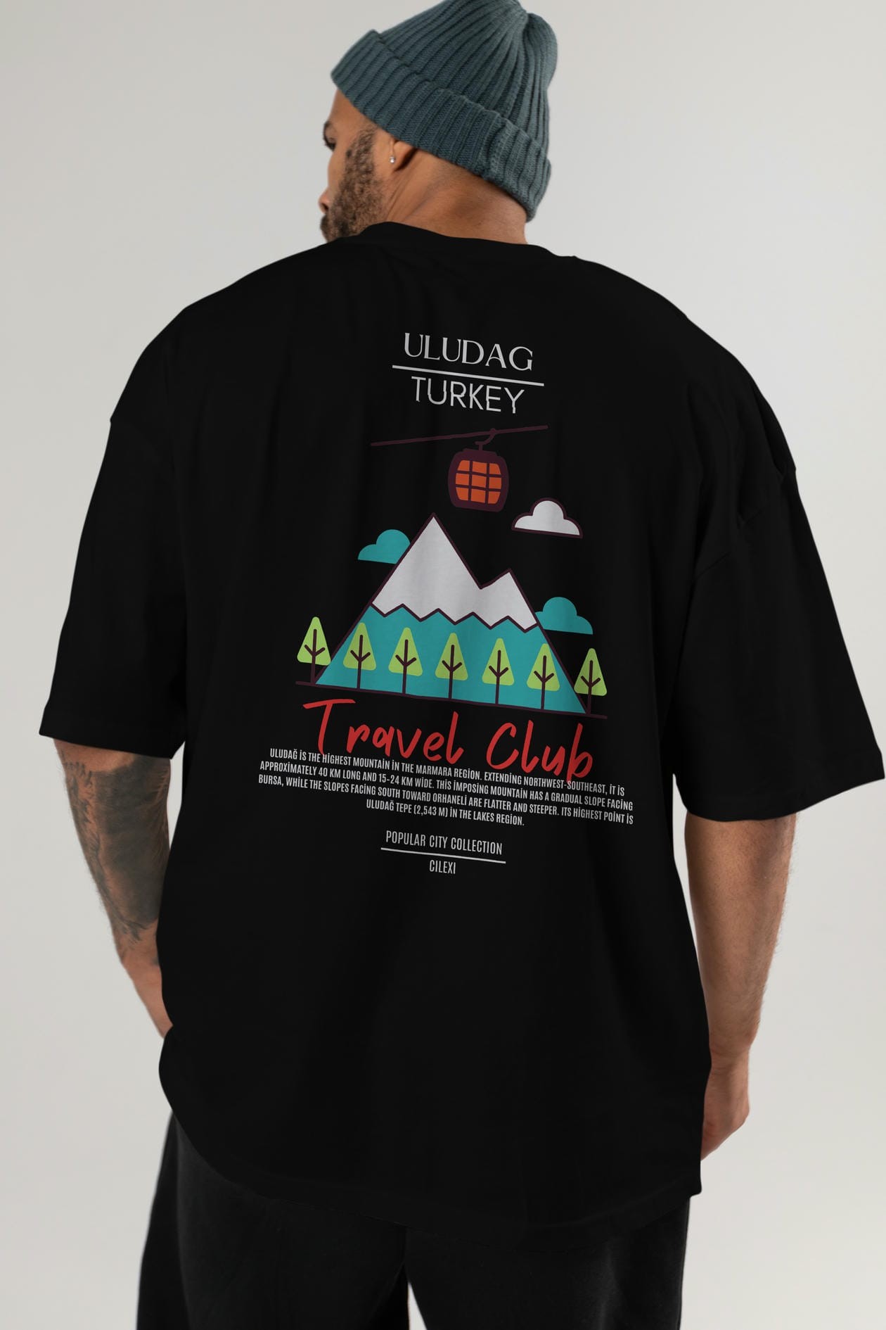Uludağ Turkey Arka Baskılı Oversize t-shirt Erkek Kadın Pamuk Bisiklet Yaka tişort