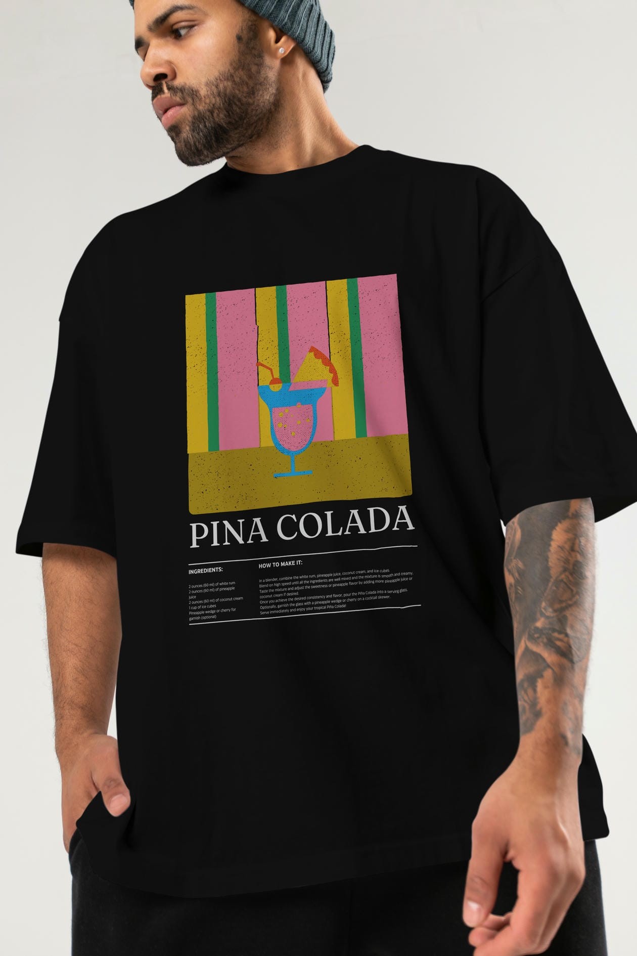 Pina Colada Kokteyl Ön Baskılı Oversize t-shirt Erkek Kadın %100 Pamuk Bisiklet Yaka tişort