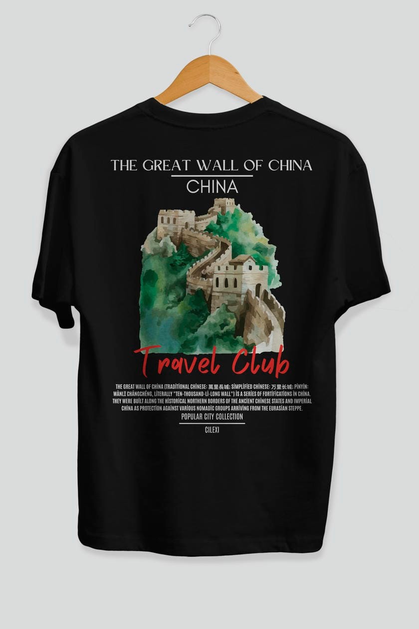 The Great Wall Of China Arka Baskılı Oversize t-shirt Erkek Kadın Pamuk Bisiklet Yaka tişort