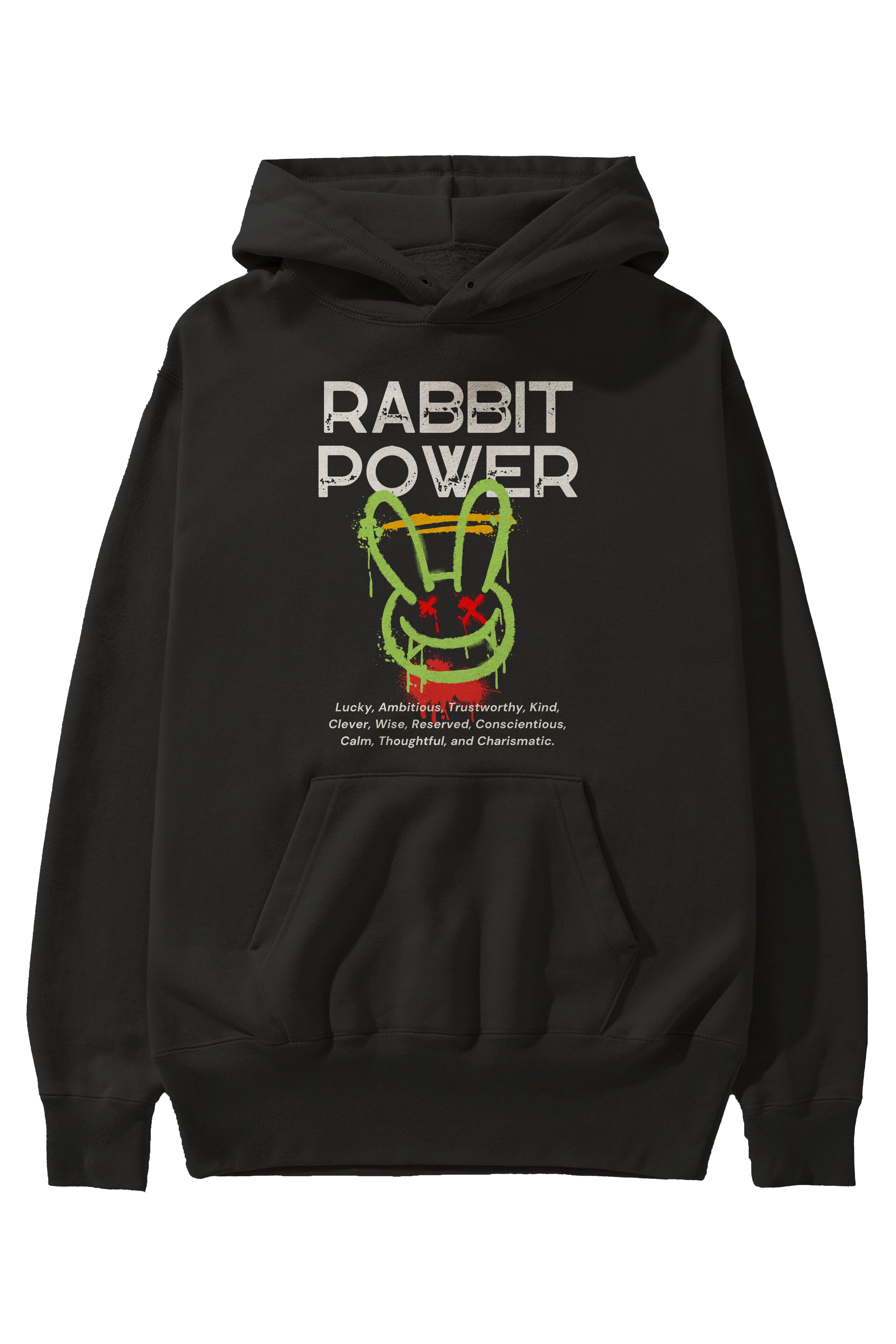 Rabbit Power Yazılı Ön Baskılı Oversize Hoodie Kapüşonlu Sweatshirt Erkek Kadın Unisex