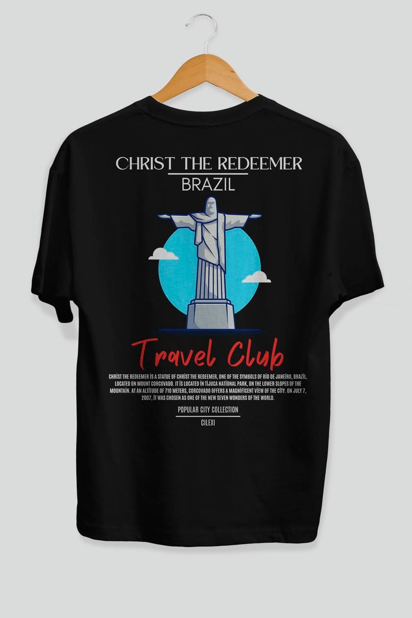 Christ The Redeemer Brazil Arka Baskılı Oversize t-shirt Erkek Kadın Pamuk Bisiklet Yaka tişort