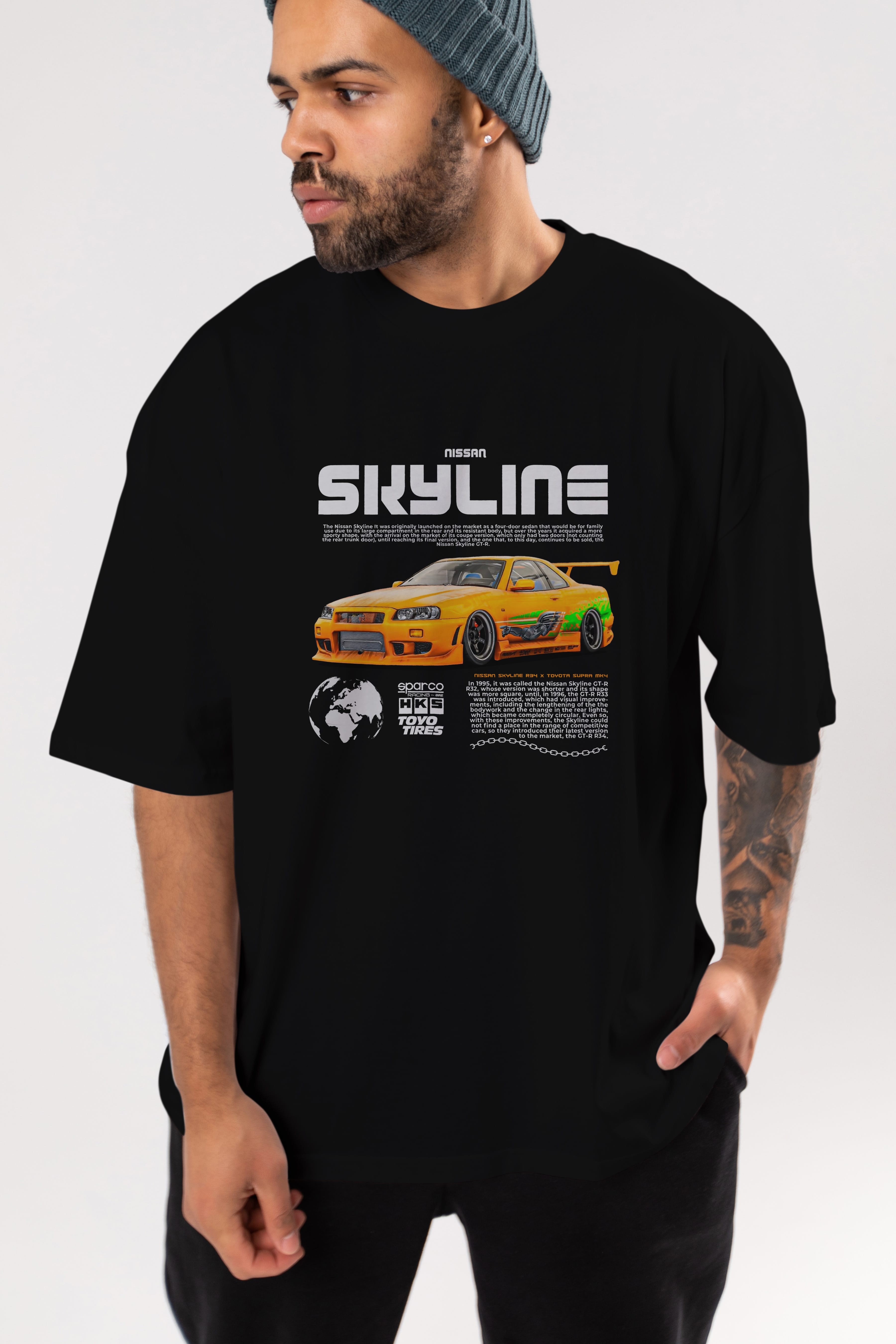 SKYLINE X SUPRA Ön Baskılı Oversize t-shirt Erkek Kadın Unisex %100 Pamuk Bisiklet Yaka tişort