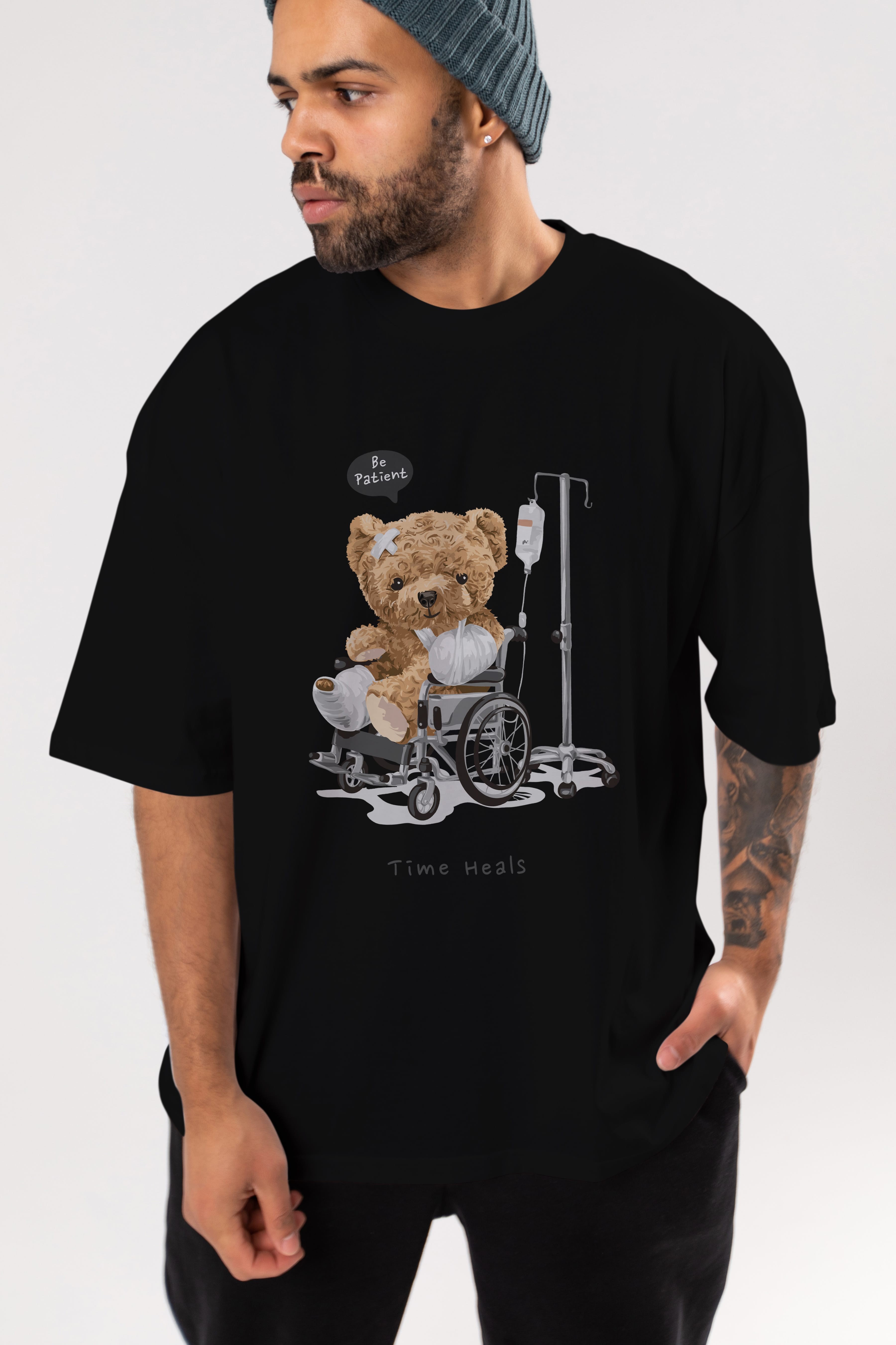 Teddy Bear Time Heals Ön Baskılı Oversize t-shirt Erkek Kadın Unisex %100 Pamuk