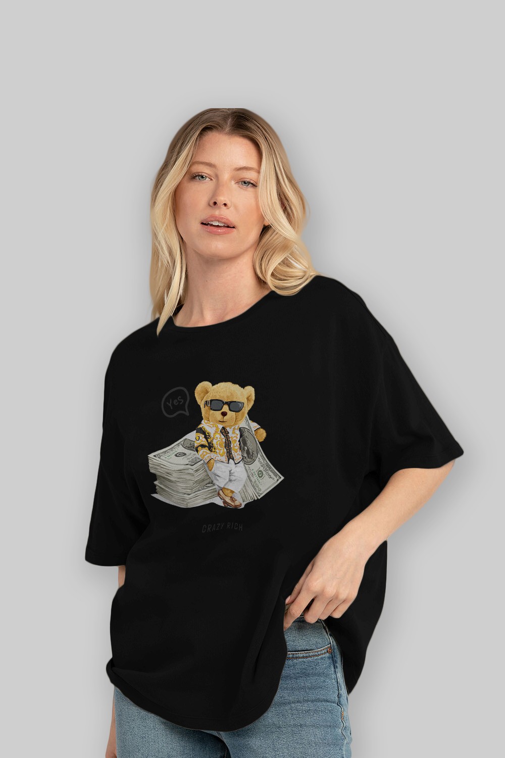 Teddy Bear Crazy Rich Ön Baskılı Oversize t-shirt Erkek Kadın Unisex %100 Pamuk
