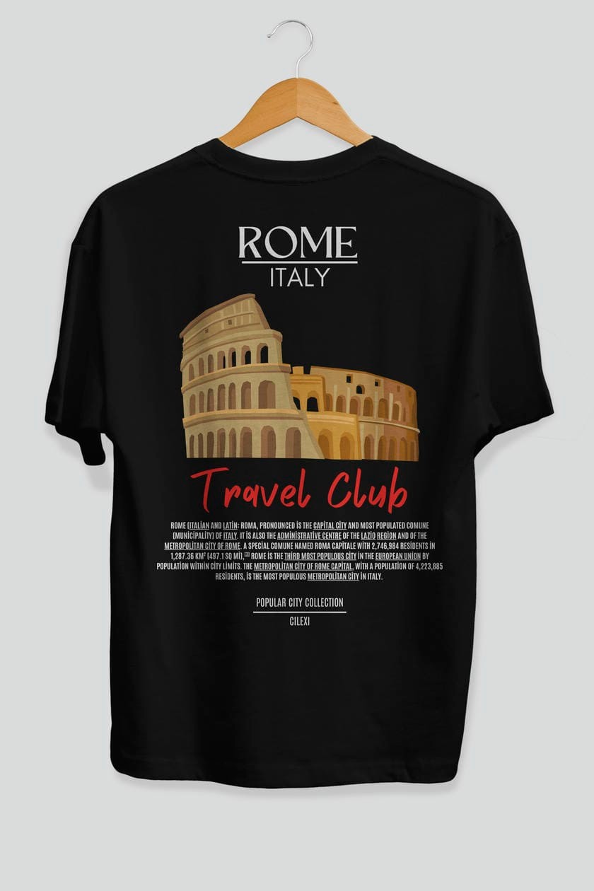 Roma İtaly Arka Baskılı Oversize t-shirt Erkek Kadın Pamuk Bisiklet Yaka tişort
