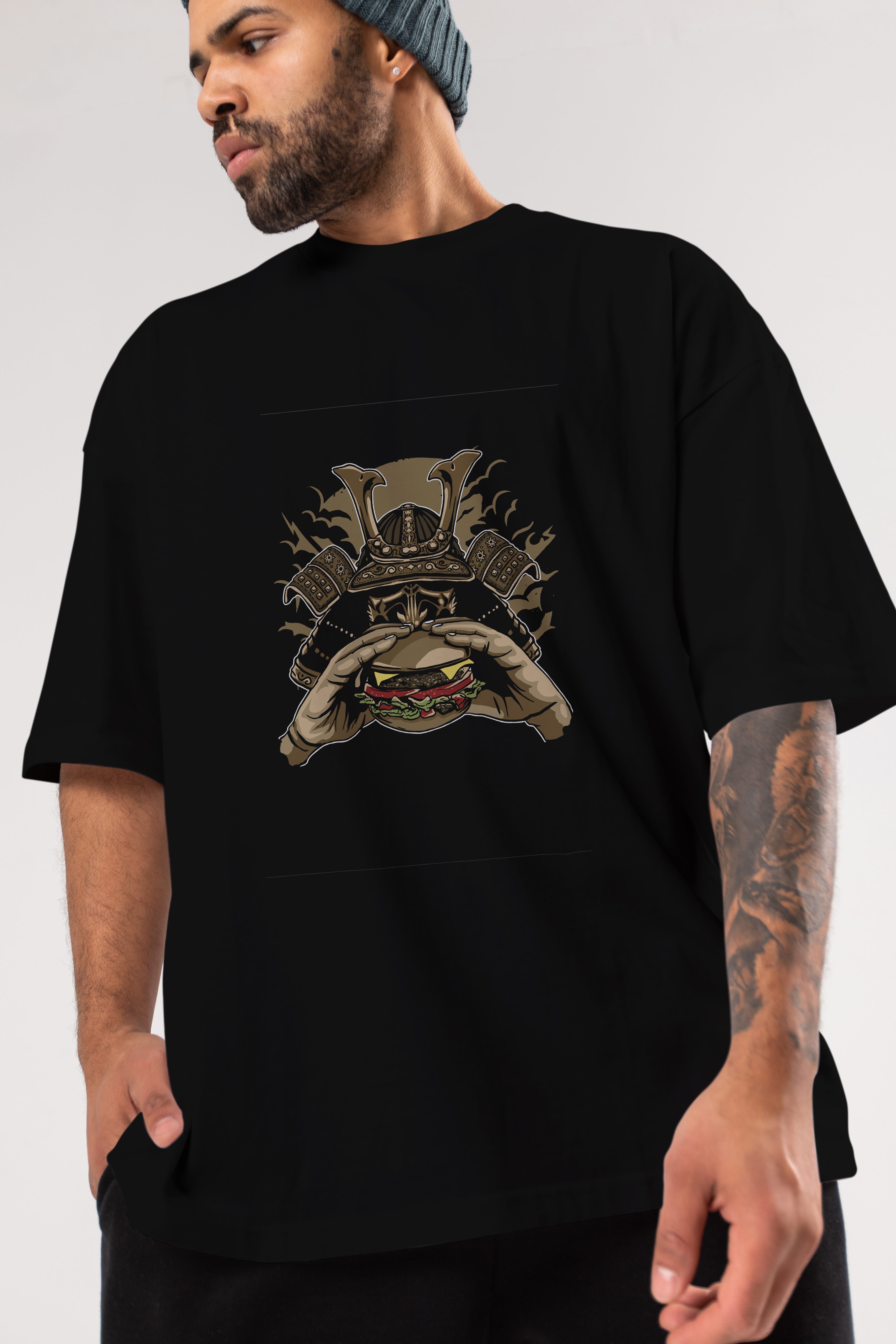 Samurai Burger Ön Baskılı Oversize t-shirt Erkek Kadın Unisex %100 Pamuk tişort