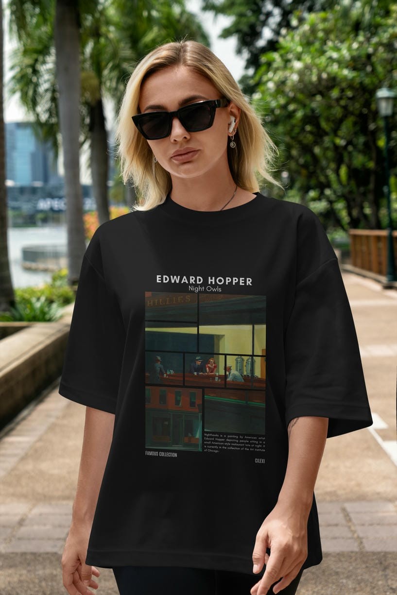 Edward Hopper Night Owls ön Baskılı Oversize t-shirt Erkek Kadın Bisiklet Yaka Pamuk tişort