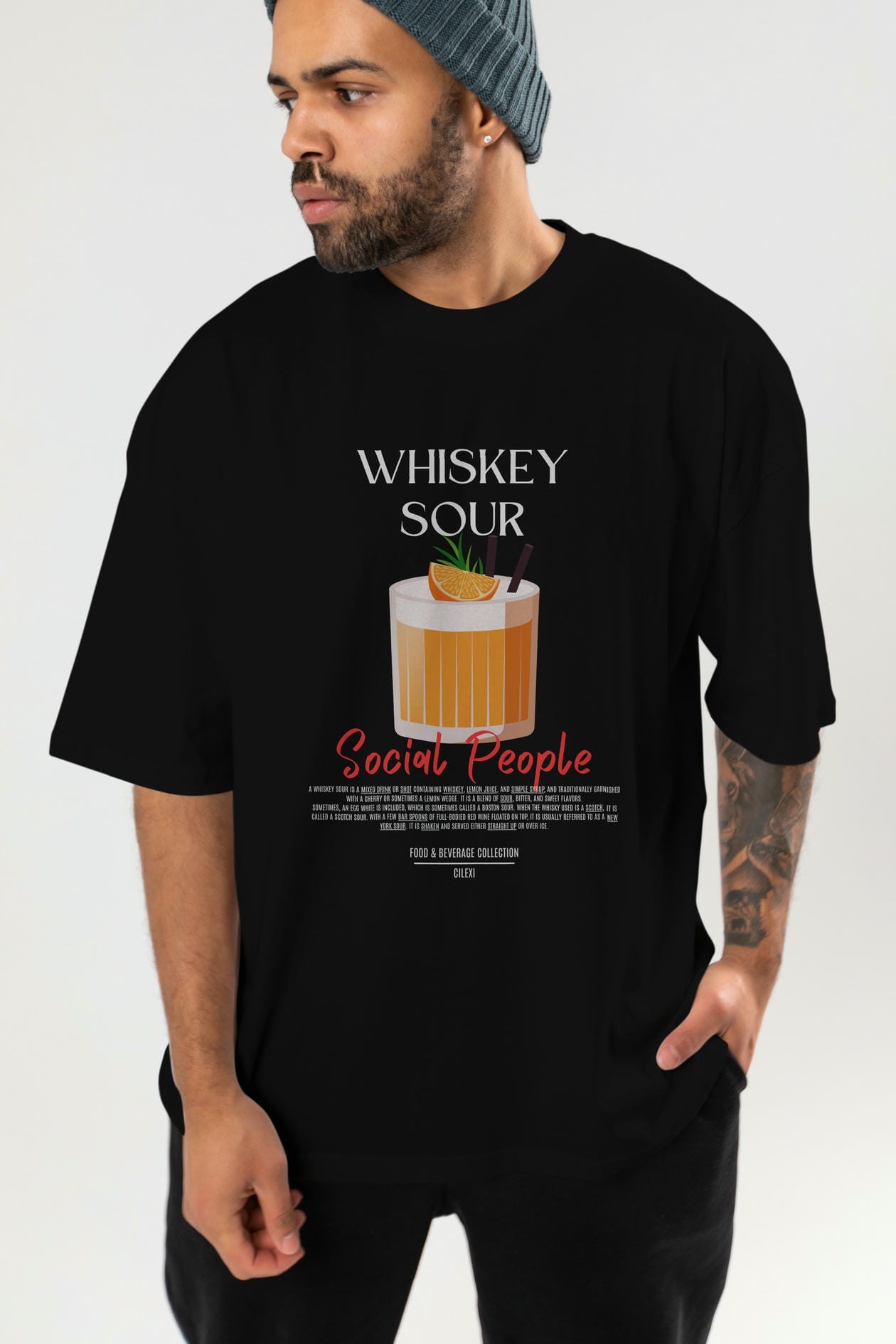 Whıskey Sour Kokteyl Serisi ön Baskılı Oversize t-shirt Erkek Kadın %100 Pamuk Bisiklet Yaka tişort