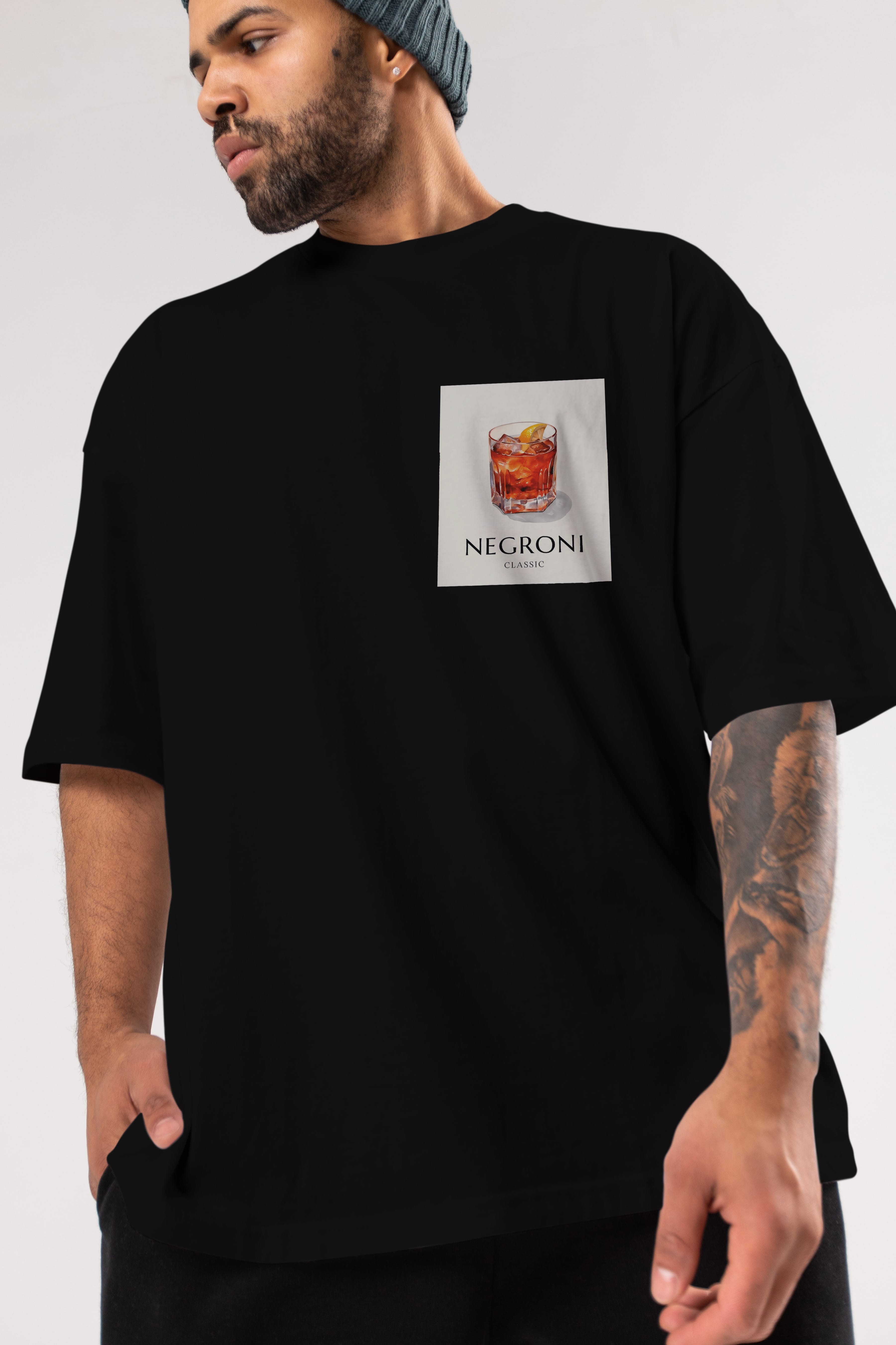 Negroni Classic Ön Sol Baskılı Oversize t-shirt Erkek Kadın Unisex %100 Pamuk Bisiklet Yaka tişort