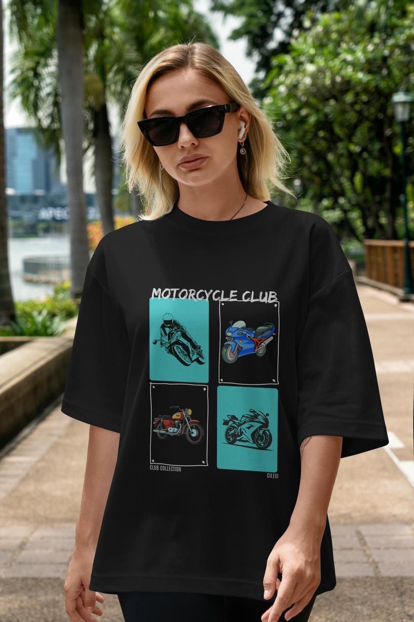 Motorcycle Club ön Baskılı Oversize t-shirt Erkek Kadın %100 Pamuk Bisiklet Yaka tişort