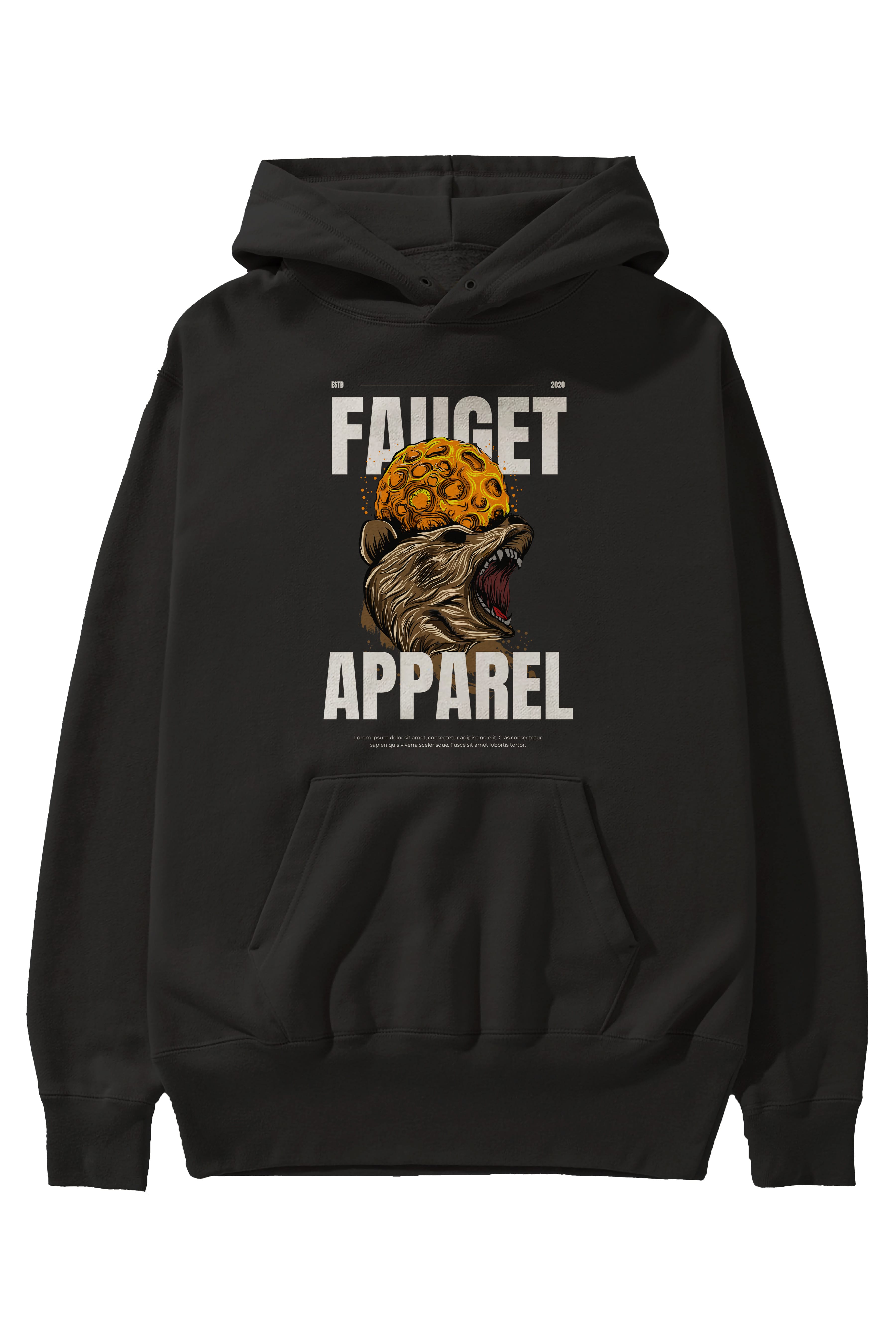 Bear Angry Fauget Apparel Ön Baskılı Oversize Hoodie Kapüşonlu Sweatshirt Erkek Kadın Unisex