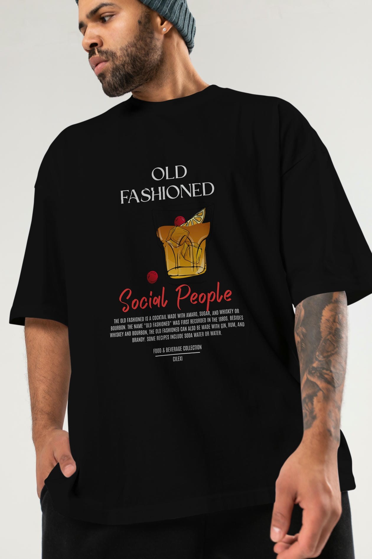 Old Fashıoned Kokteyl Serisi ön Baskılı Oversize t-shirt Erkek Kadın %100 Pamuk Bisiklet Yaka tişort