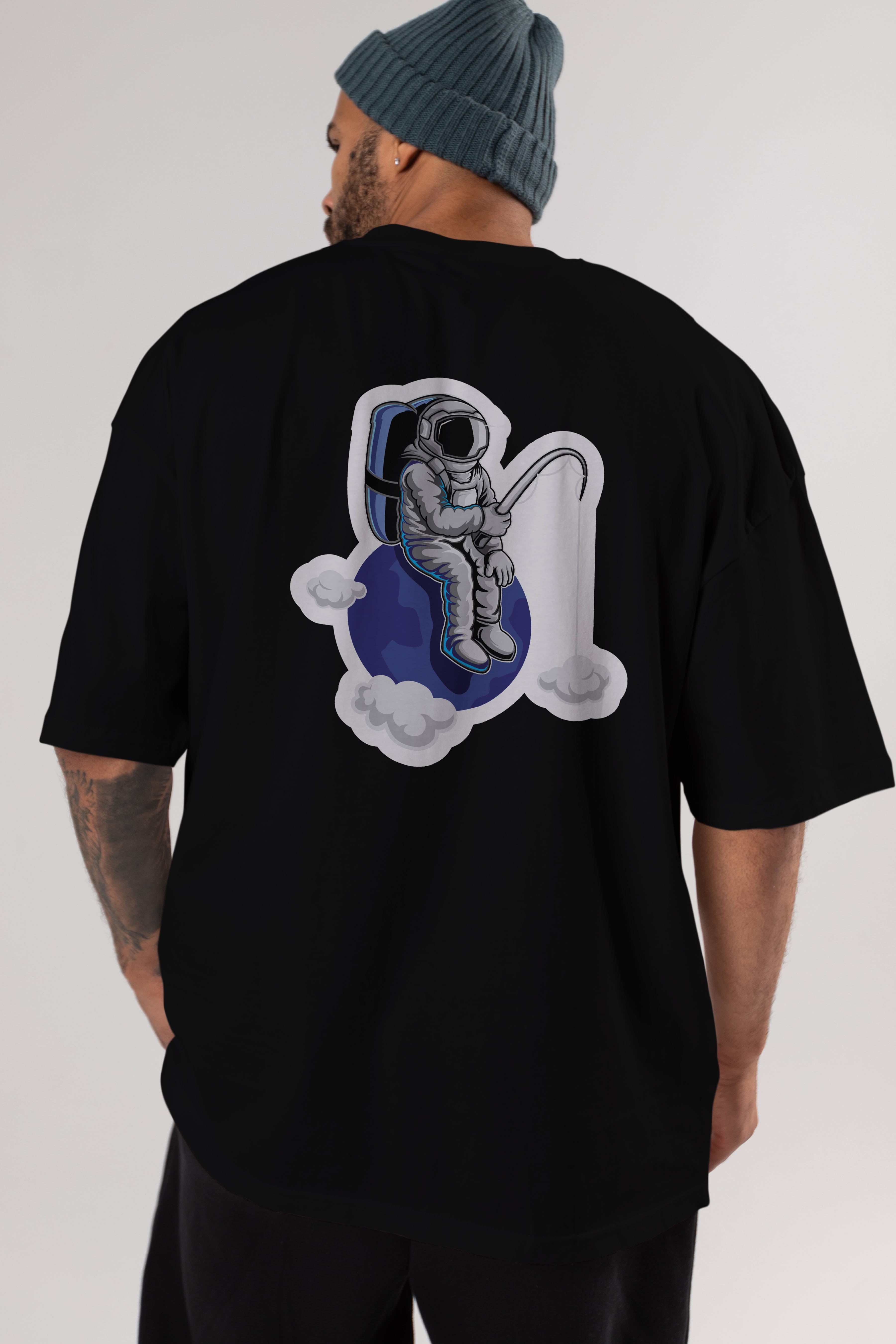 Astronaut Fishing Sticker Arka Baskılı Oversize t-shirt Erkek Kadın Unisex