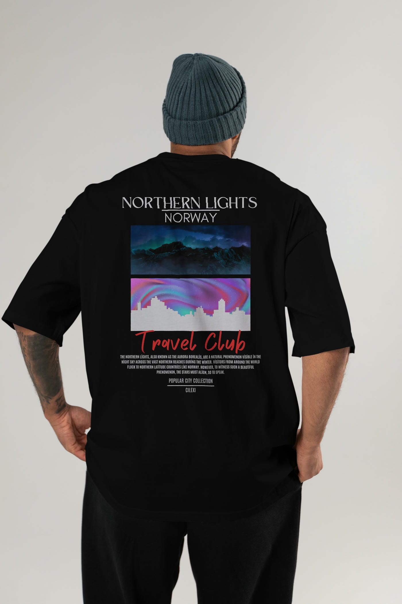 Northern Lights Norway Arka Baskılı Oversize t-shirt Erkek Kadın Pamuk Bisiklet Yaka tişort