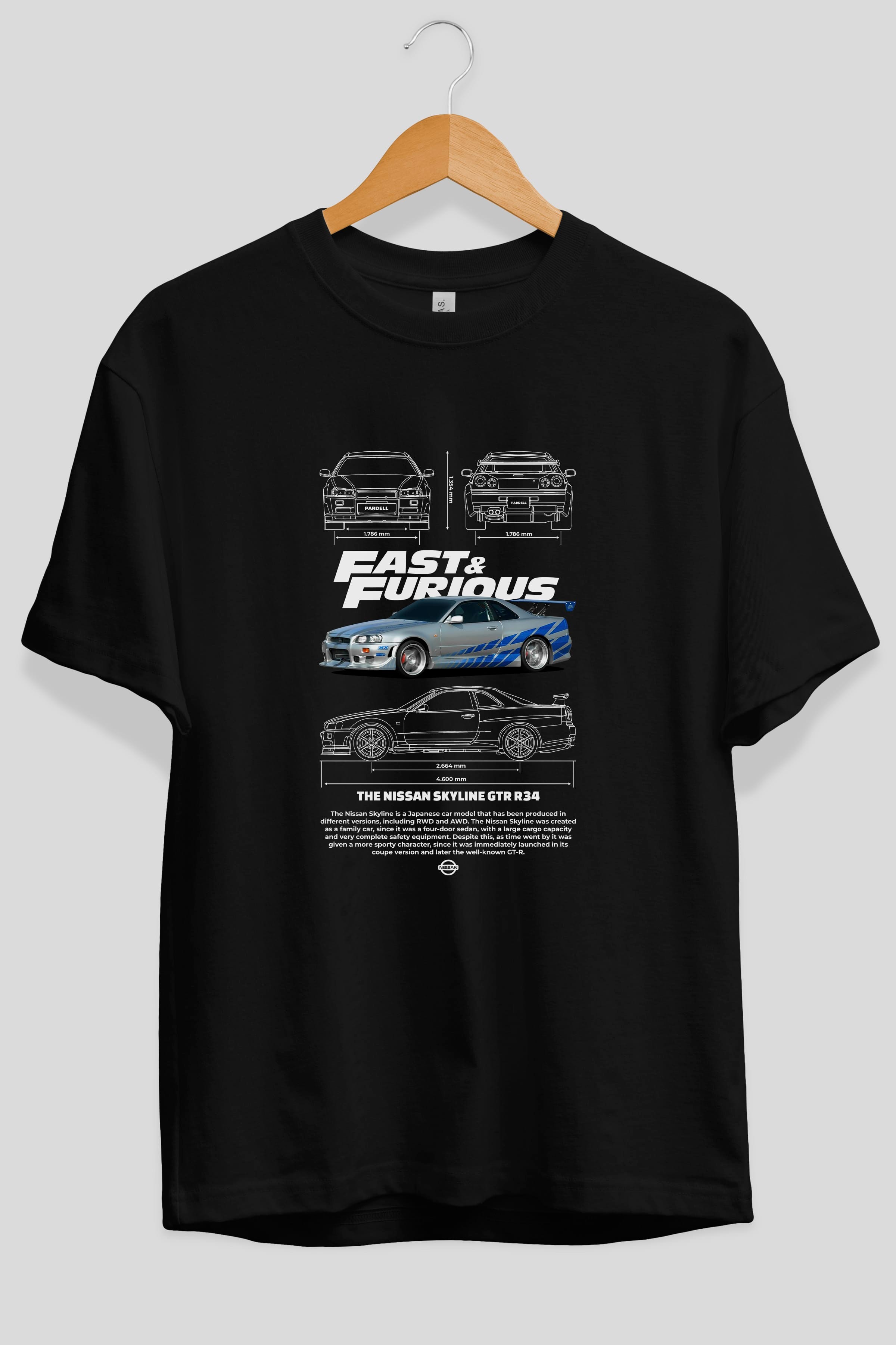 NISSAN SKYLINE R34 FAST AND FURIOUS Ön Baskılı Oversize t-shirt Erkek Kadın Unisex %100 Pamuk Bisiklet Yaka tişort