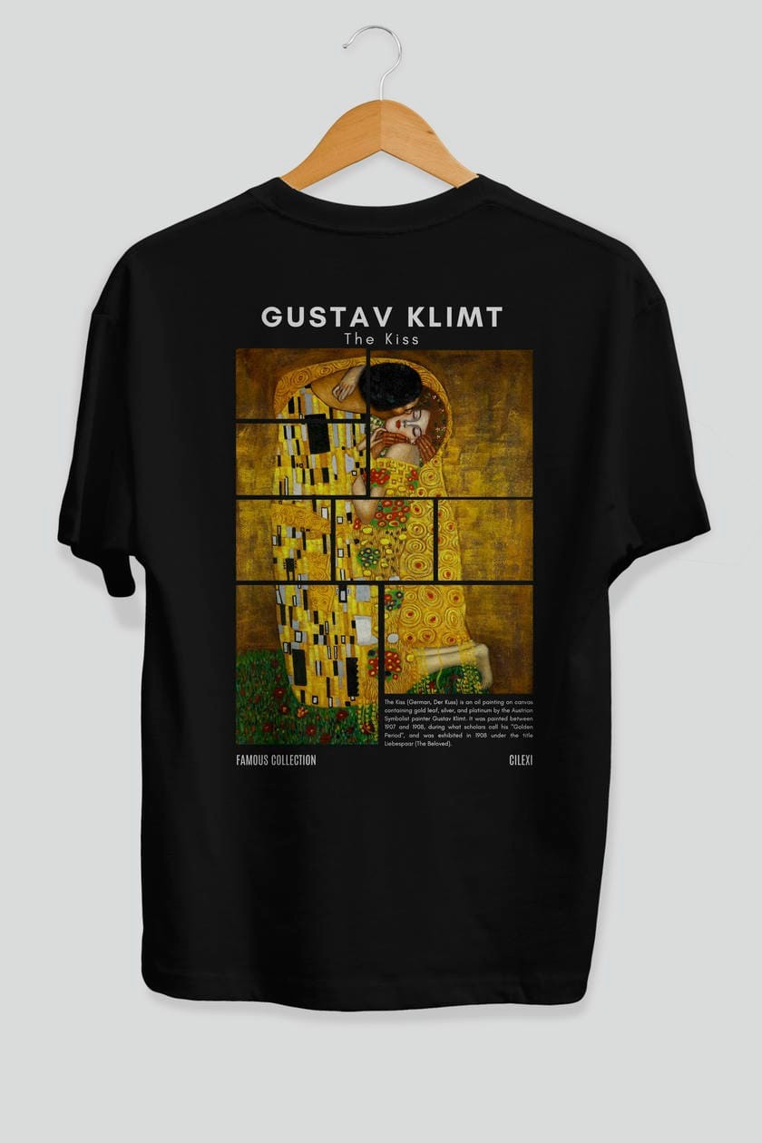 Gustav Klimt The Kiss Arka Baskılı Oversize t-shirt Erkek Kadın Bisiklet Yaka Pamuk tişort