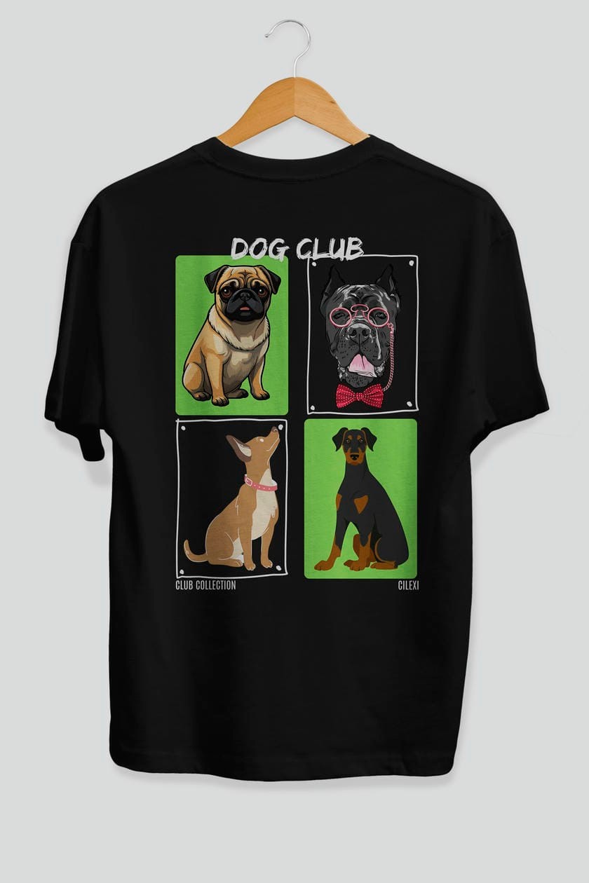 Dog Club Arka Baskılı Oversize t-shirt Erkek Kadın %100 Pamuk Bisiklet Yaka tişort